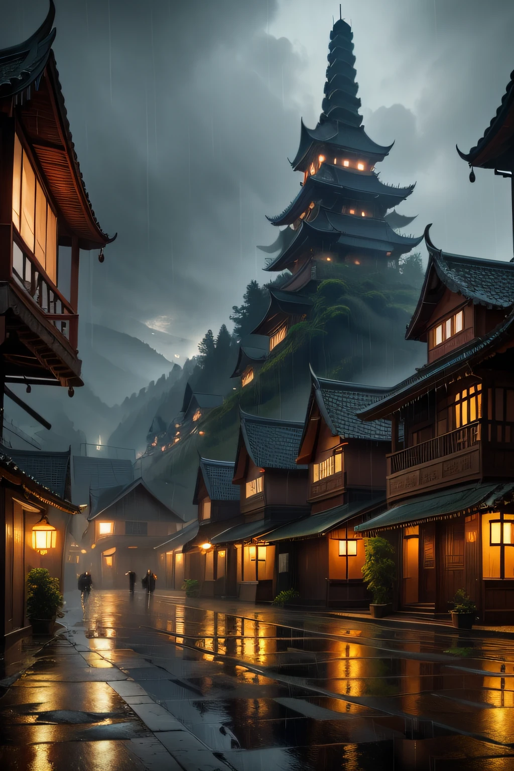 Arafed view of an Indonesian village，a lot of lights on the buildings，Fantastic Indonesian town，Indonesian village，amazing wallpapers，surreal photo of a small town，old asian village，Raymond Han，rainy evening, Cyberpunk Indonesian Castle, Well-lit building, In the evening in the rain, Beautiful and aesthetic, photography of, cinematic ligh, 8k, high detal ((very heavy rain)))