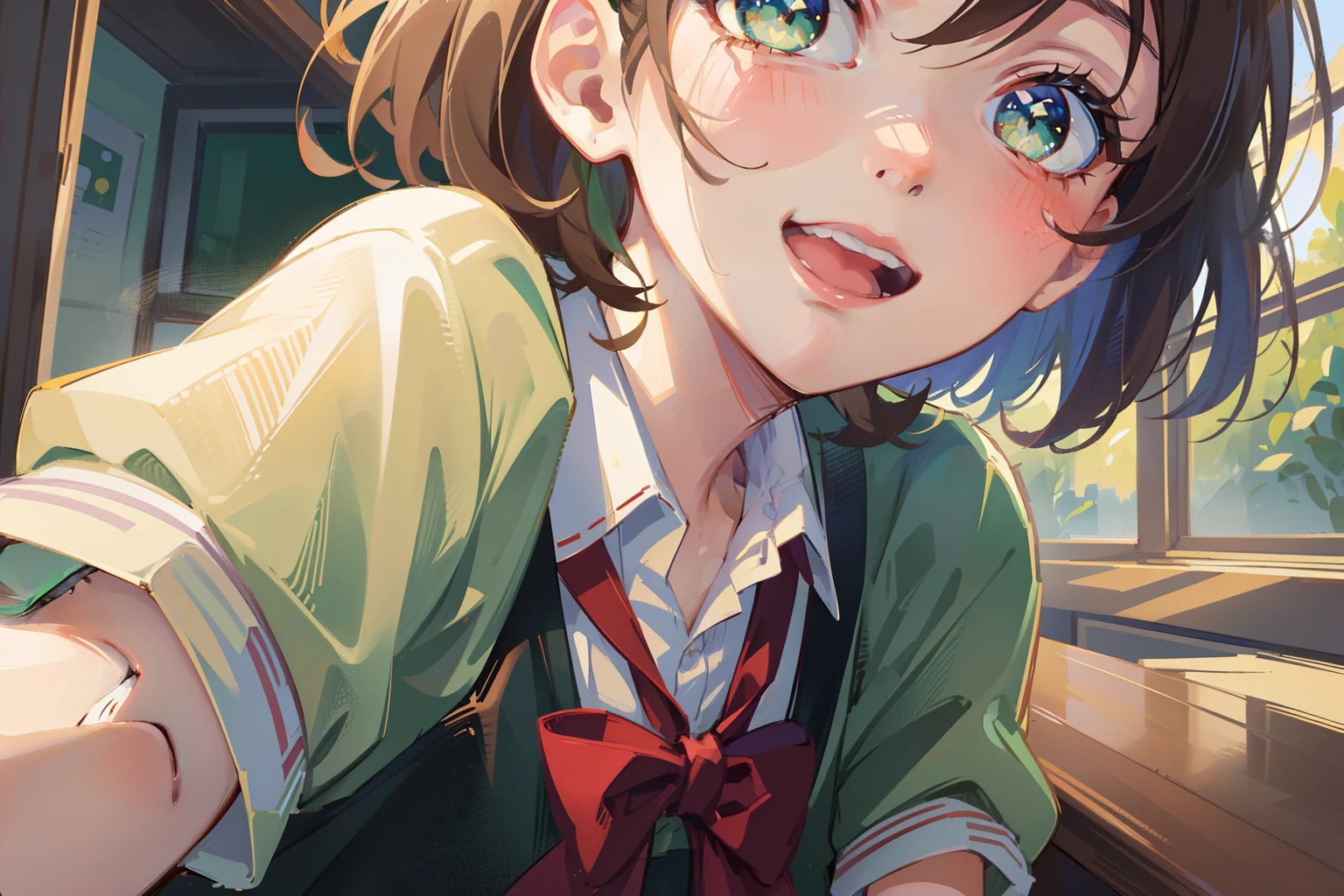 (masterpiece), best quality, beautiful detailed hair detailed face, ultra high res, sharp focus, ((1 young woman, solo)), (warm pastel color), high saturation, perfect feminine face, upper body, medium close-up, dutch angle, (at the morning time:1.5), in the school, ((beautiful shape eyes, green eyes)), chesnut brown har, short hair, smiles, (school uniform:1.2)