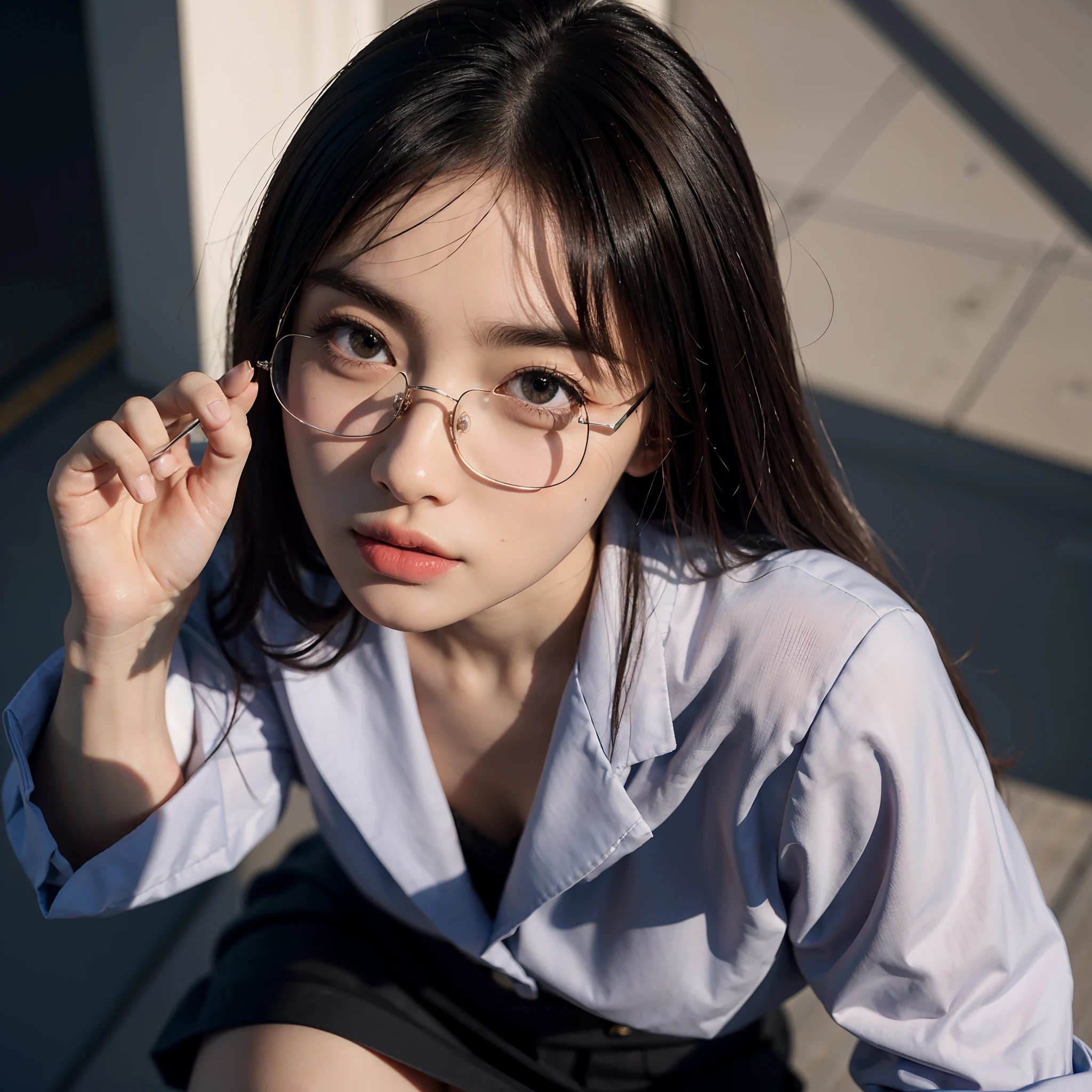 (top-quality、4K、masterpiece:1.3)、Beautuful Women、1 female、(breastsout、Attractive body:1.2)、abdominals:1.1、dark brown hair:1.1、Pony tail、(rainy wet、Wet in the rain、white shirt、Wet body:1.2)、Ultra-detailed face、Detailed lips、A detailed eye、二重まぶた、Silver glasses、Slightly round face