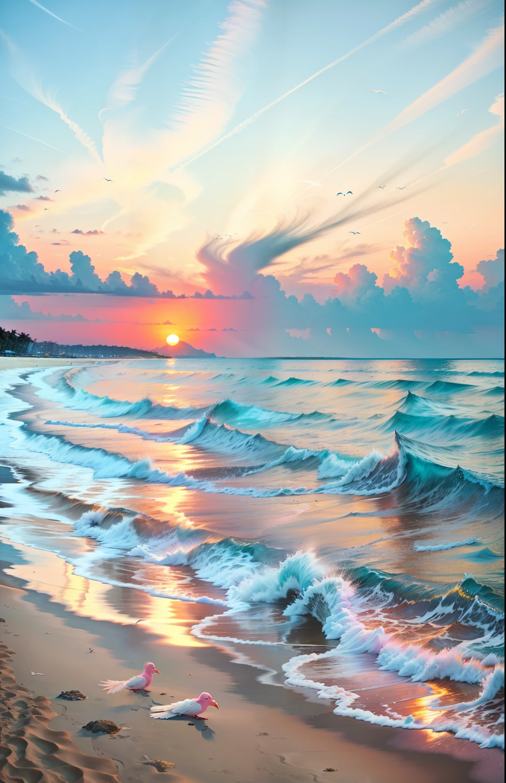 Stunning sunset view from the beach，The sky is intertwined with orange and pink。Clear waters embrace the shore with tenderness，Endless white sand beach。The dynamic scene is breathtaking，High-altitude seagulls soar，Gently shake the palm tree。Immerse yourself in the tranquil atmosphere，Laughing snow-white haired girl's summer dress。