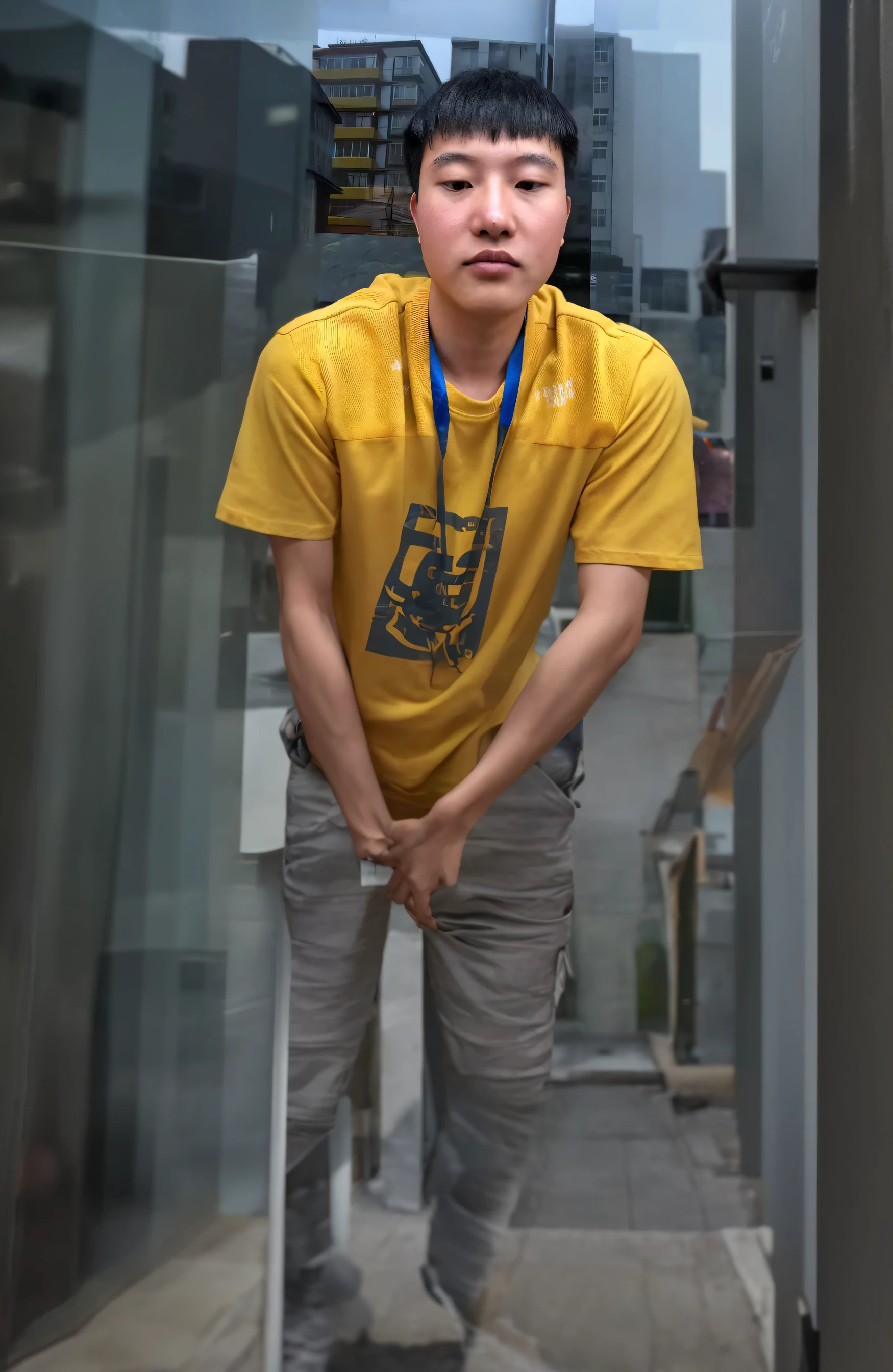 The Alafard man in a yellow shirt sits in front of the building, 8k selfie photograph, yanjun cheng, xintong chen, huifeng huang, Wang Qichao, zeng fanzh, wenjun lin, jinyiwei, 2 4 - year - old man, Lin Qifeng, yihao ren, Zhang Pengzhen