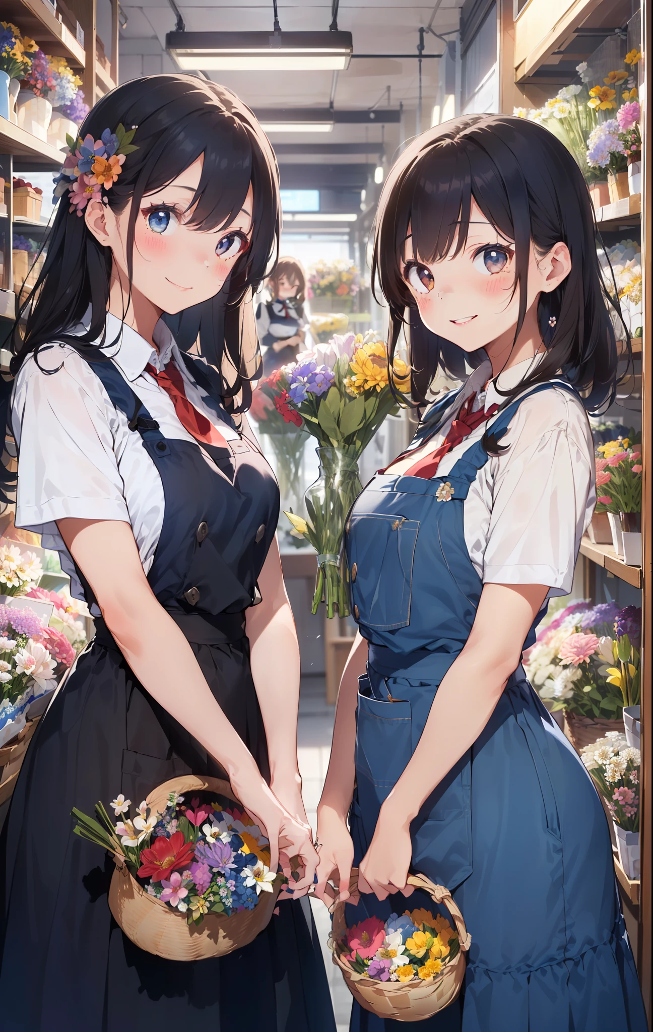 (frombelow:1.4)、((2 girls in:1.4)),Light Brown Fringe Hair、Braided hair、disheveled hair、Light brown eyes、(A smile)、(爆乳:1.4)、Emphasize the valley、fittingroom、(Photorealsitic)、(intricate detailes:1.2)、(masterpiece、:1.3)、(top-quality:1.4)、(超A high resolution:1.2)、超A high resolution、(A detailed eye)、(detailed facial features)、(red necktie:1.2)、 (Dark blue suspender skirt:1.4),(Dark blue apron:1.2), (double-breasted,Underbust:1.2), (Dark blue high-waisted skirt:1.3), (Apron over dark blue skirt:1.3), (White shirt:1.2), buttonGap,Short sleeves, nametag,(Red blusher:1.2)、(Flower Shop:1.4)、(The background is full of flowers:1.4)、(Bouquet in hand:1.4)、(A lot of flowers in a vase:1.4)、(A basket full of flowers hanging from the ceiling:1.4)