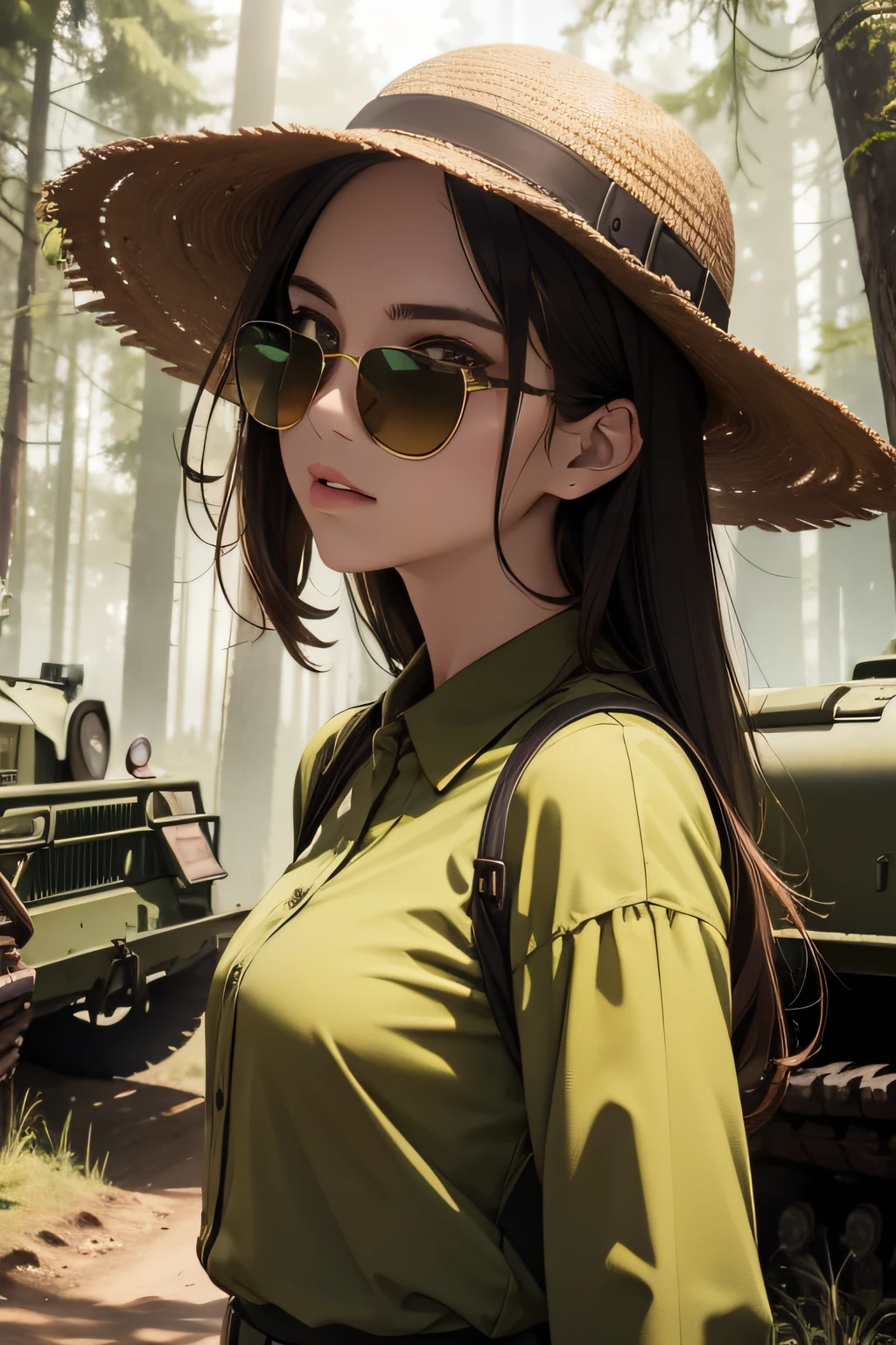 Young Woman, mine camp, bunkers, 8K UHD, radiance, dark green, brown, sun, leonardo, puma, open blouse, sunglasses, photographic detailed, saturation, forest, destroy trucks, full color, portrait