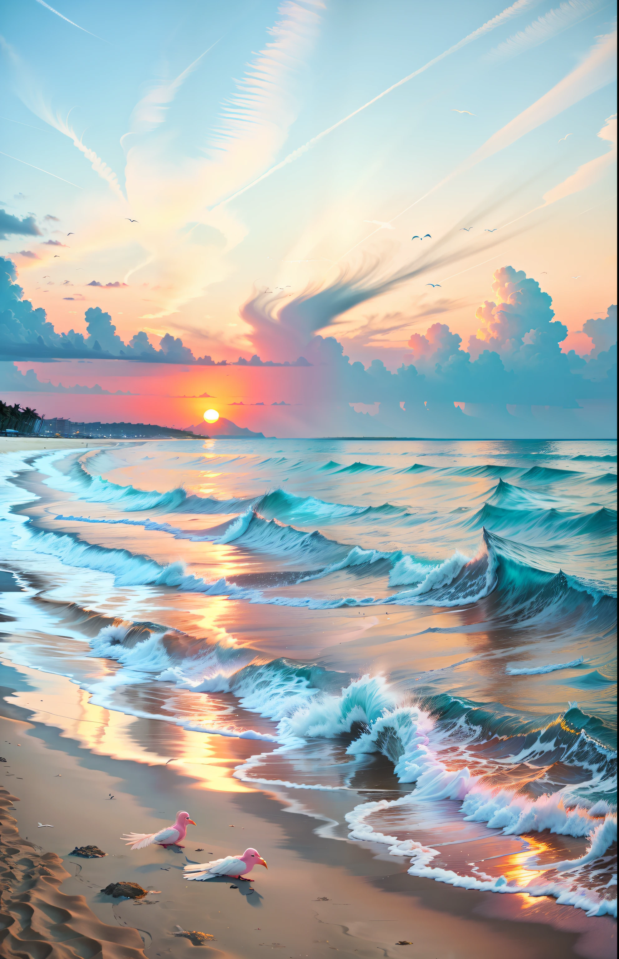 Oranges, pinks and yellows blend together to fill the sky, and the sunset over the beach is truly mesmerizing. The crystal clear waters gently kiss the coast, and the white sand beach stretches out endlessly. It's a dynamic and breathtaking scene with seagulls soaring high into the sky and palm trees gently swaying. Take in the calm atmosphere and peace will wash you away.