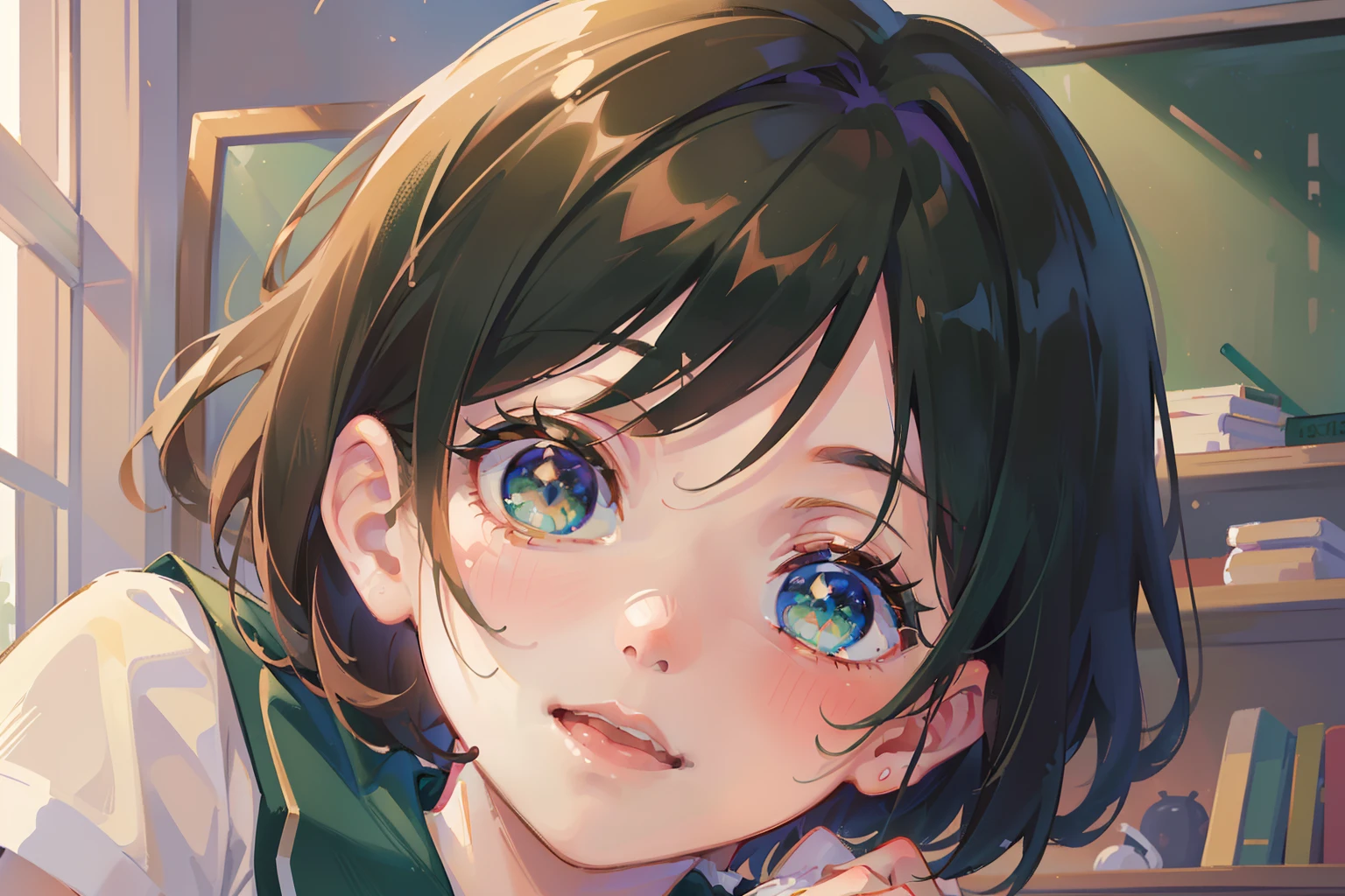 (masterpiece), best quality, beautiful detailed hair detailed face, ultra high res, sharp focus, ((1 young woman, solo)), (warm pastel color), high saturation, perfect feminine face, upper body, medium close-up, dutch angle, (at the morning time:1.5), in the school, ((beautiful shape eyes, green eyes)), chesnut brown har, short hair, smiles, (school uniform:1.2)