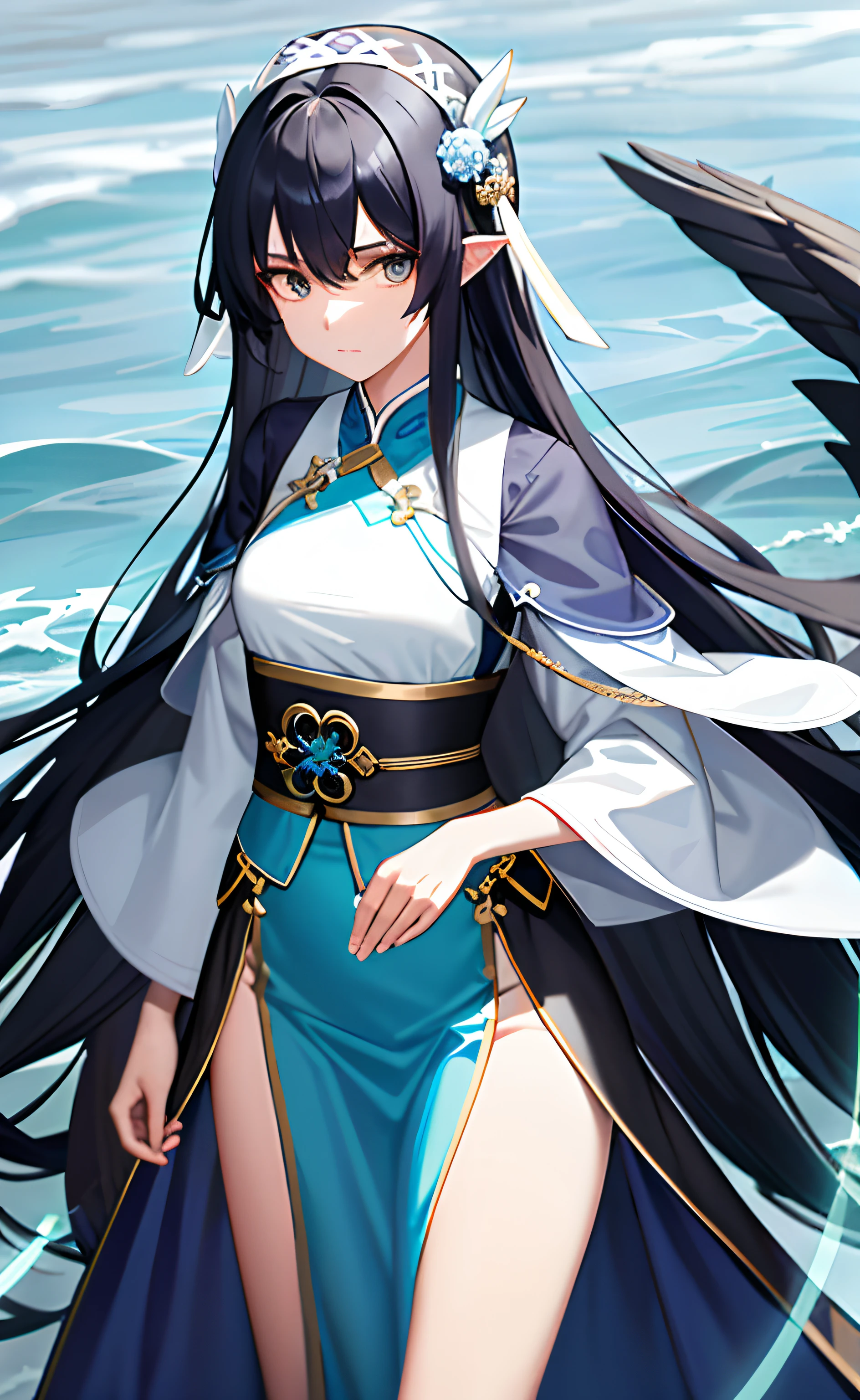 Blue and white long Hanfu,Jacket severance,Under a long skirt,Black hair and black eyes,17-year-old woman,Chest B+,Surrounded by tides,Hide a little loneliness under calm,Phoenix headdress next to his head,Nothing overhead,Cyan green round jade pendant at the waist