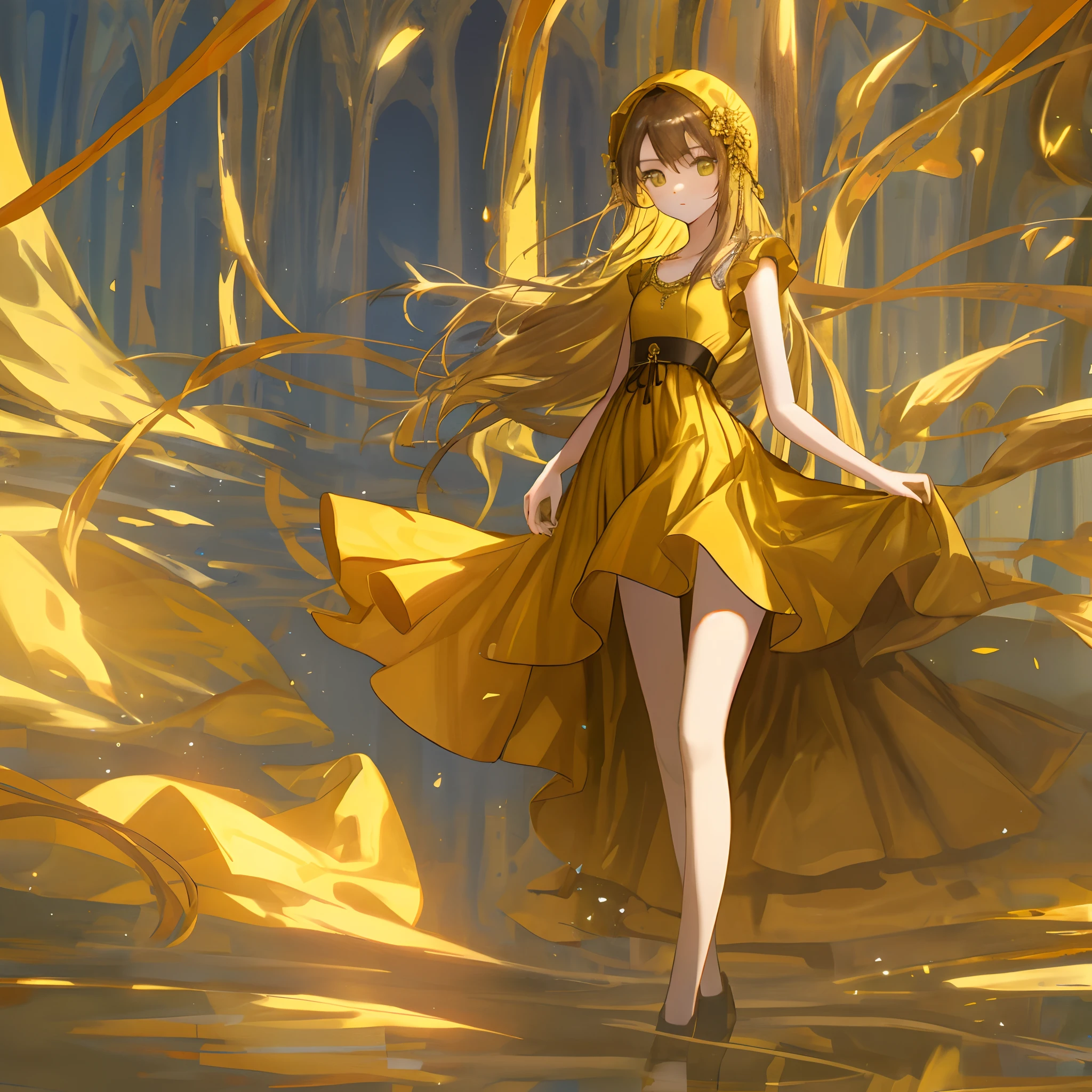 Beautiful sister,Long legs and small waist,The chest is large,Yellow dress long,