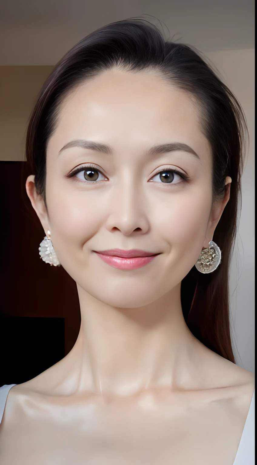 Masterpiece , (8k, RAW photo, photorealistic:1.25) ,( lipgloss, eyelashes, gloss-face, glossy skin, best quality, ultra highres, depth of field, chromatic aberration, caustics, Broad lighting, natural shading) looking at viewer with a serene and goddess-like happiness, sexy, realistic,photorealistic, close-up, short hair,(sweet smile),((closed mouth)), looking at viewer,standing, simply background , beautiful eyes, (38 years old, youngish :1.2), , flat chest, glossy skin, (perfect ), nsfw, nipple