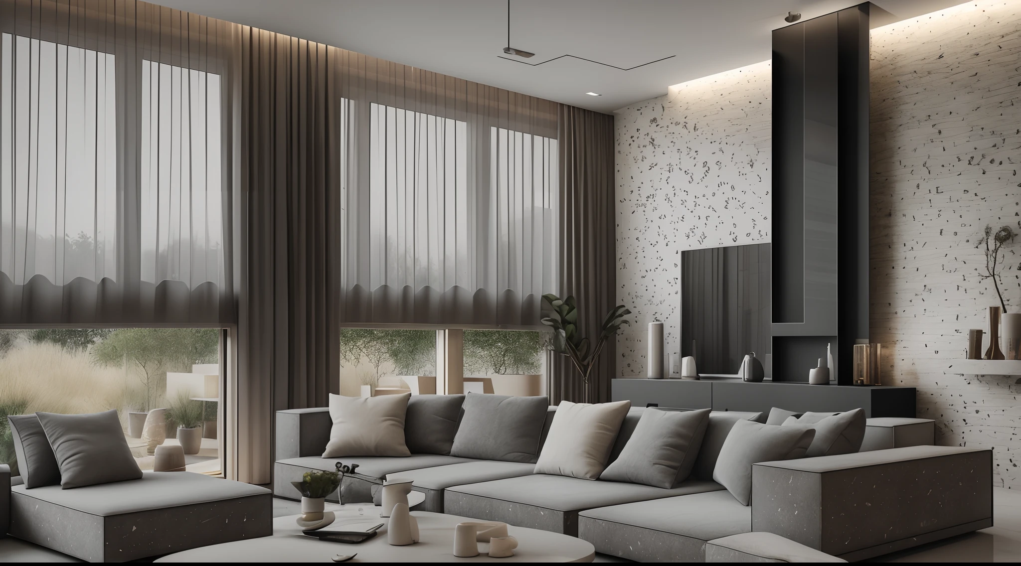 Interior design，liveroom，European minimalist style，Minimalist，Nordic style，(Black-gray tones)，Dark furniture，Multi-angle display，a 3D render、cozy indoor lighting、8K，terrazzo，janelas，Simple wall lamp，Concise wind，broad,floor to ceiling window,Dark floor tiles，stairways