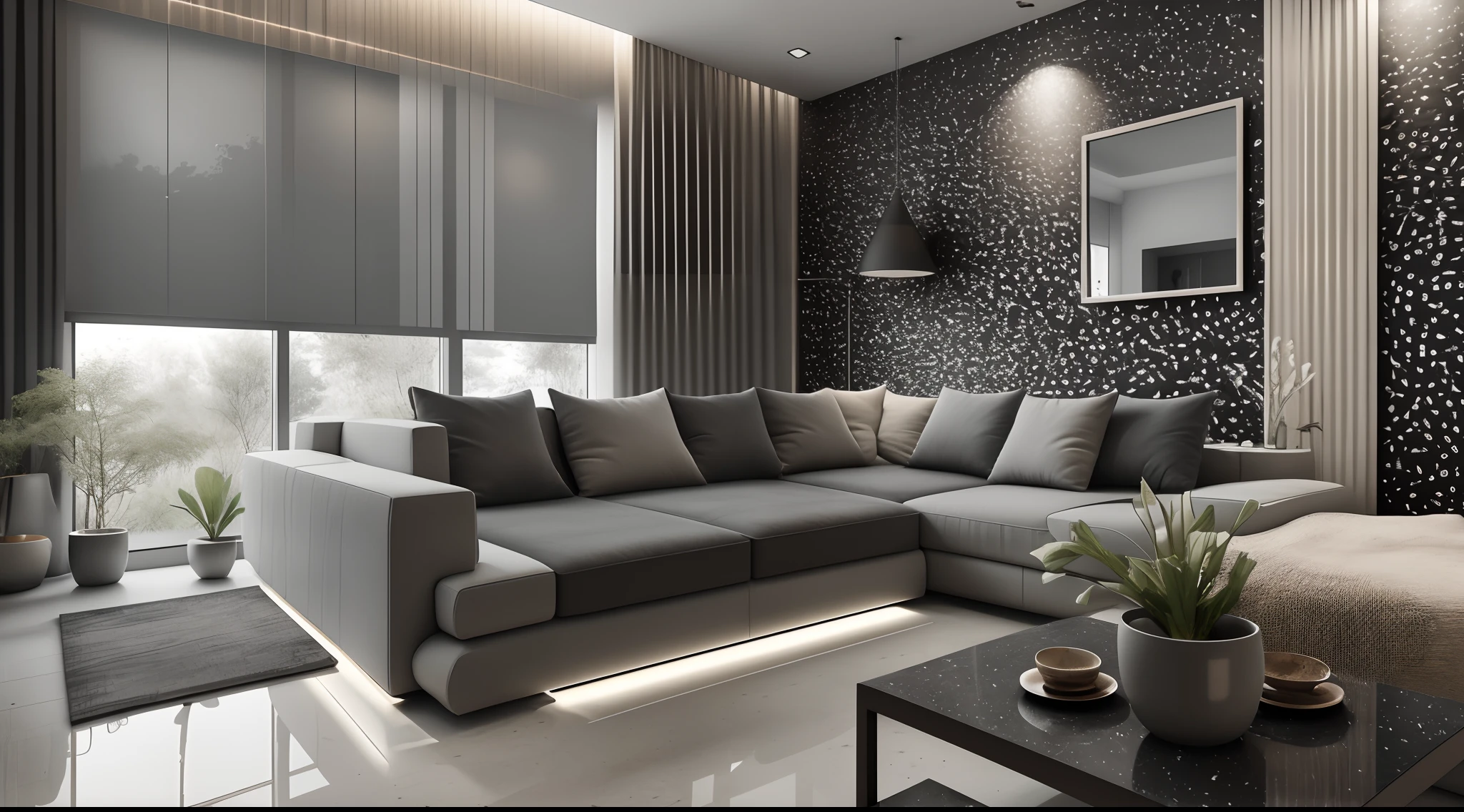Interior design,liveroom,European minimalist style,Minimalist,Nordic style,(Black-gray tones),Dark furniture,Multi-angle display,a 3D render、cozy indoor lighting、8K,terrazzo,janelas,Simple wall lamp,Concise wind,broad,floor to ceiling window,Dark floor tiles,stairways
