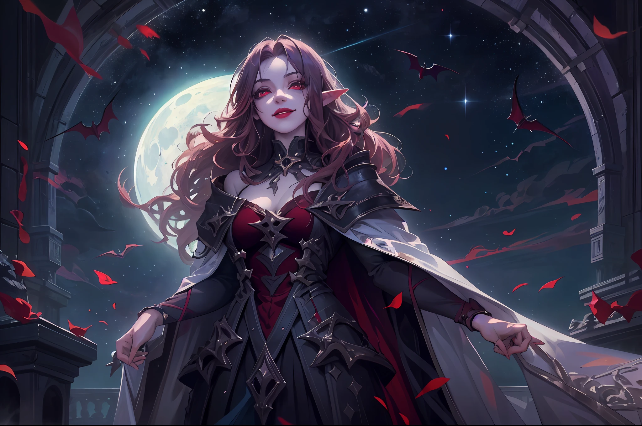 a picture of vampire elf in her castle, an exquisite beautiful female vampire standing under the starry night sky on the porch of her castle , full body (ultra detailed, Masterpiece, best quality), ultra detailed face (ultra detailed, Masterpiece, best quality), grey skin, red hair, wavy hair, dynamic eyes color, cold eyes, glowing eyes, intense eyes, smirking, smile with [[drops of blood on face]] (ultra detailed, Masterpiece, best quality), dark red lips, [visible fangs], wearing white dress (ultra detailed, Masterpiece, best quality), dark blue cloak, high heeled boots [[in starry night sky]], sky full of stars background, moon, bats flying about,  high details, best quality, 8k, [ultra detailed], masterpiece, best quality, (ultra detailed), full body, ultra wide shot, photorealism, dark fantasy art, gothic art, many stars,  gothic art, sense of dread,