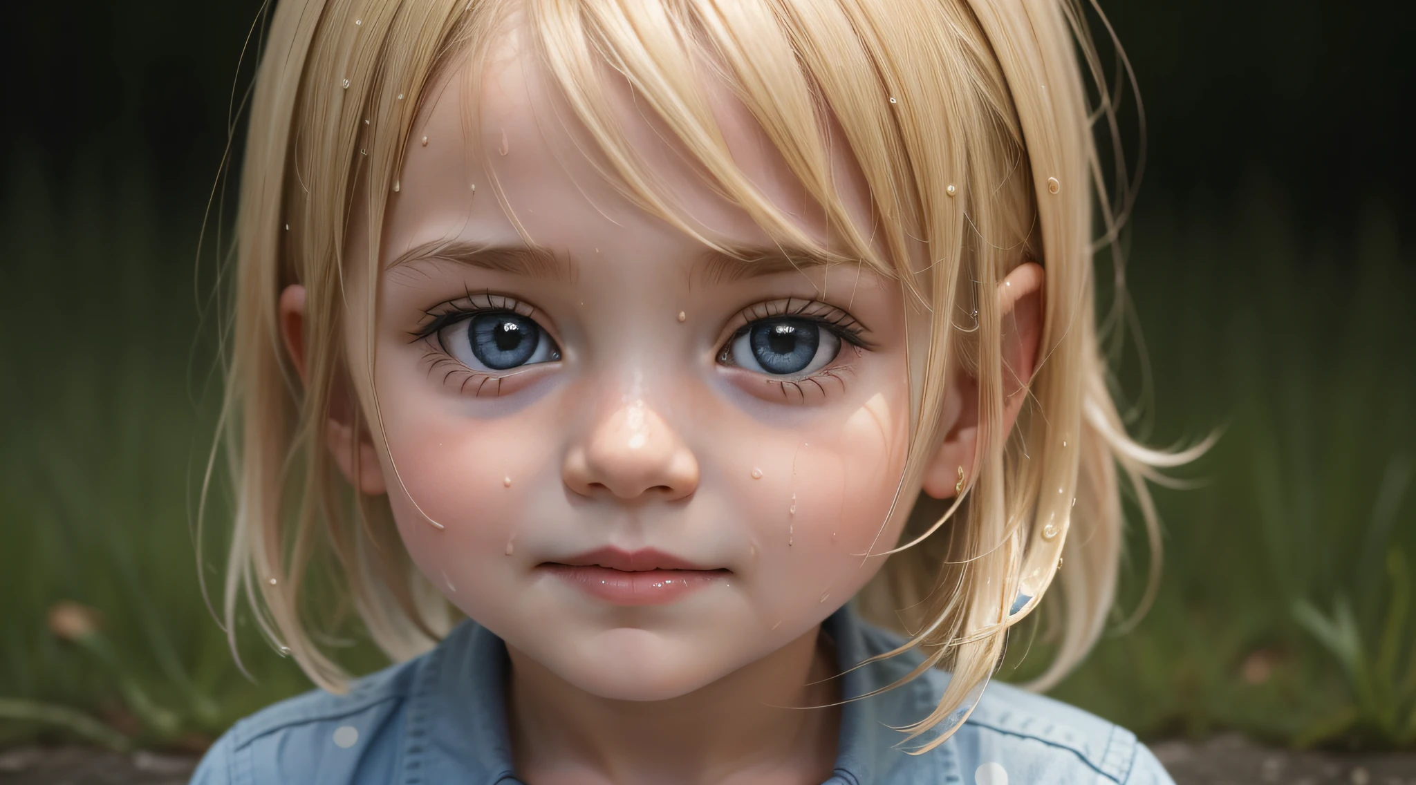 a BLONDE CHILD girl with a wet head, Retrato chovendo, BACKGROUND RED.