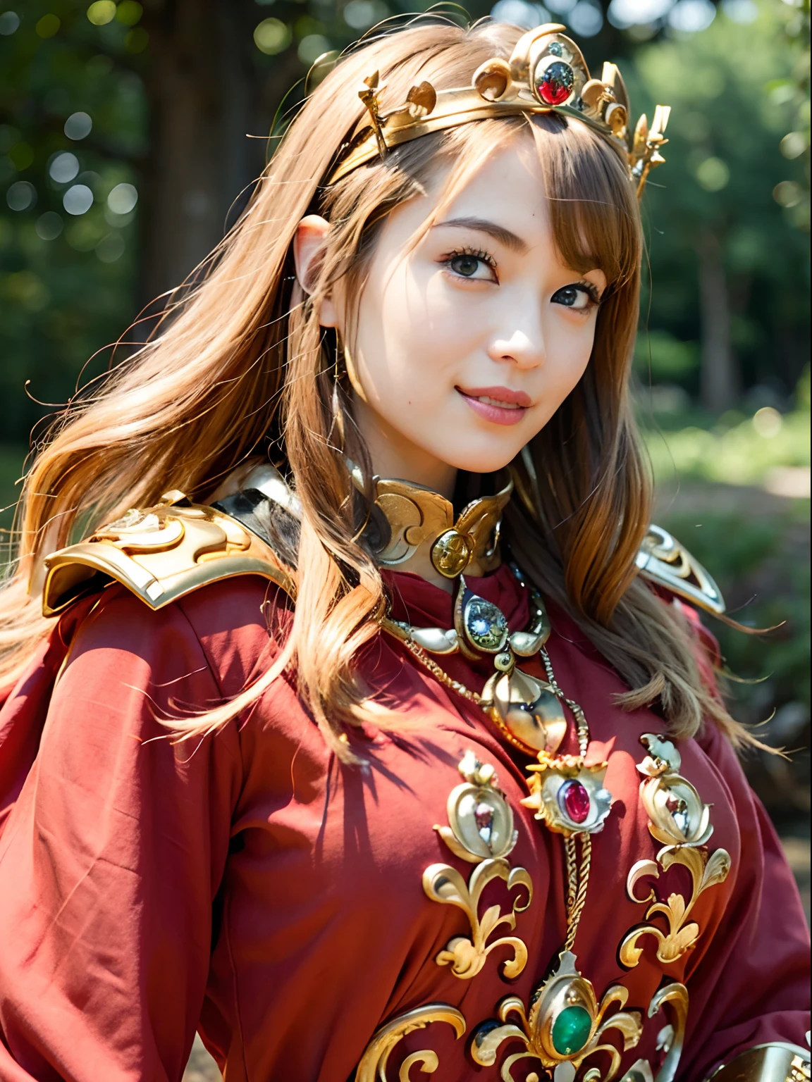 (masutepiece), Professional , masterpiece、top-quality、photos realistic , depth of fields (Gemstone Silver Metal Body:1.9),(Matte Red、Jewel Gold Weapon(Jewel Metal Body:1.4),(Gorgeous metal weapons) , Detailed Sword of the Brave , Beautiful knife ,warhammer 40k , adepta sororitas,(a blond),Detail and ornate jewel crown、Golden hair、Gangle's forest background、Beautiful Caucasian beauty、1a person、dynamic ungle,(((Detailed and ornate diamond crown)))、Smaller head、A smile、Powerful poses、Background inside the castle、Thin and beautiful female hands、Old ancient ruins、A smile、cleavage of the breast、