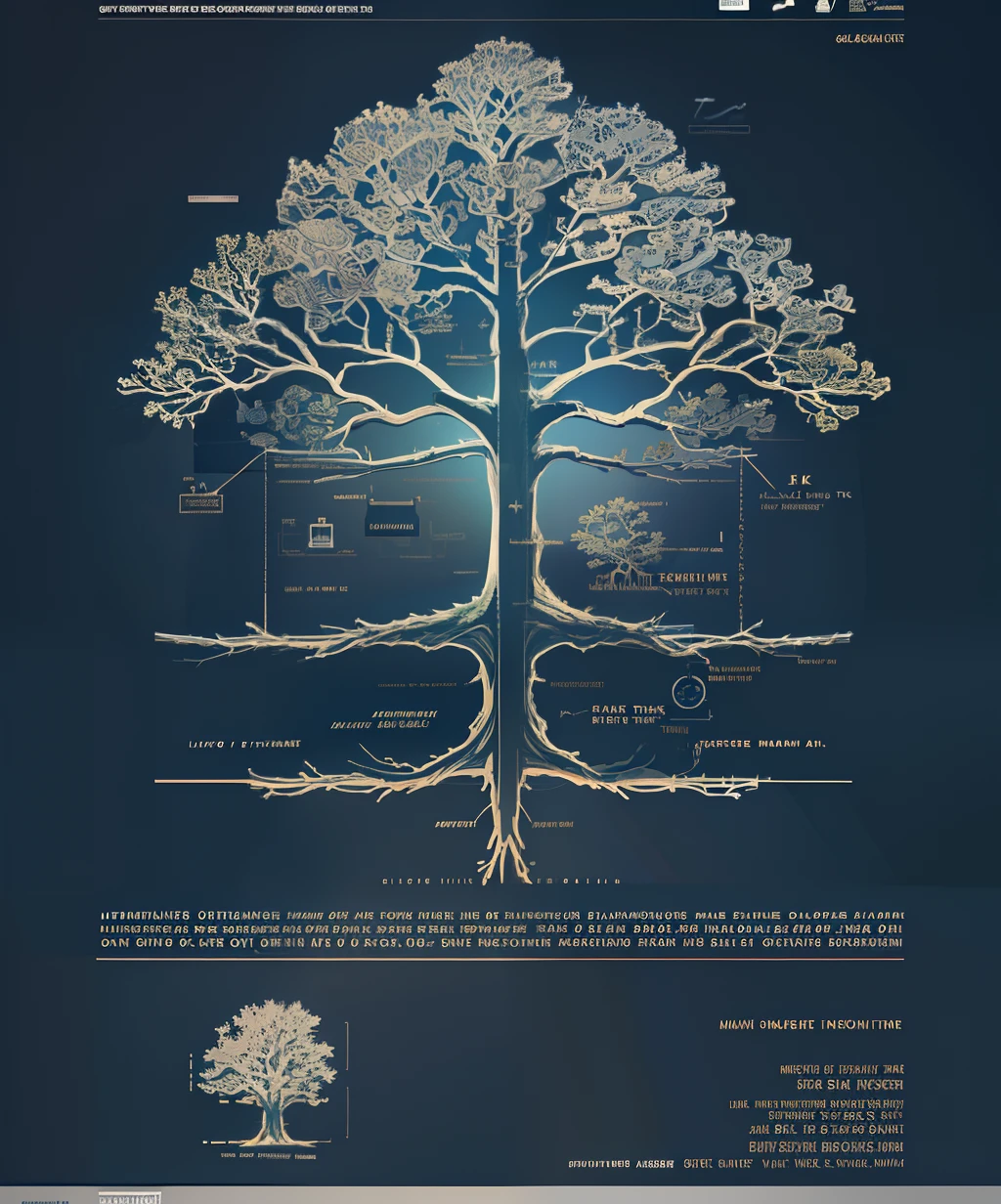 ((best quality)),((masterpiece:1.2)),(oak tree:1.5),tree,(extremely detailed:1.1),(8k, high quality, cinematic, hyper realistic, illustration),(autodesk maya, vray render, ray tracing, hdr),(DSLR, full frame, 16mm focal length, f/4 aperture, dynamic perspective, deep depth of field),(rim lighting, soft lighting, low key), (extremely detailed 8k wallpaper) Intricate,High Detail,epic,awe-inspiring,masterpiece,Showpiece. Style-Info,Poster style dissasembly diagram. blue print,Disassembly diagram,