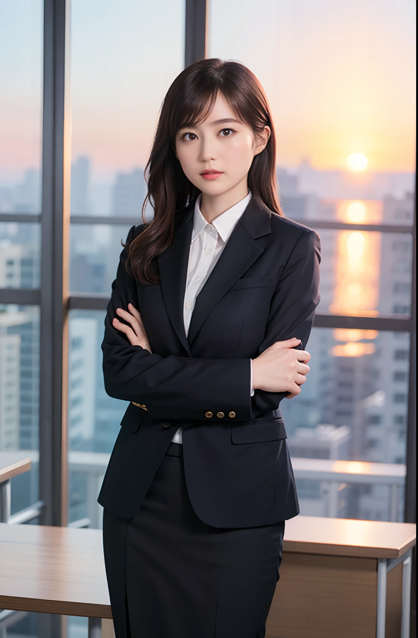 1girl,solo, parted lips,  office lady, business suit ,
skyline, cloud,sunset, arms behind head, looking at viewer,