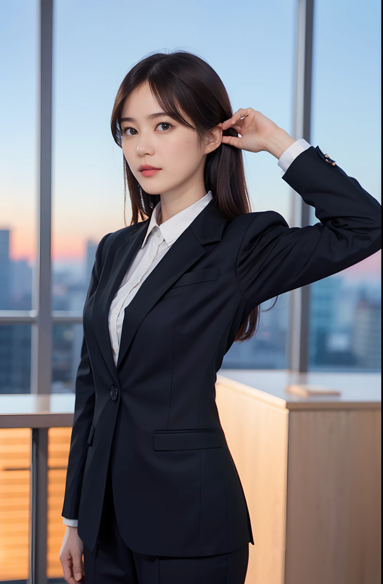 1girl,solo, parted lips, office lady, business suit ,
skyline, cloud,sunset, arms behind head, looking at viewer,