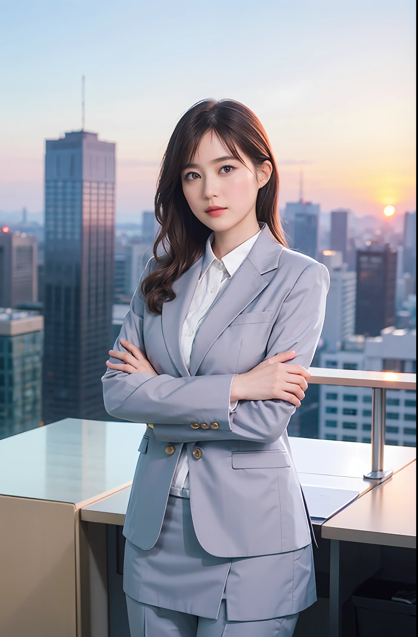 1girl,solo, parted lips, office lady, business suit ,
skyline, cloud,sunset, arms behind head, looking at viewer,