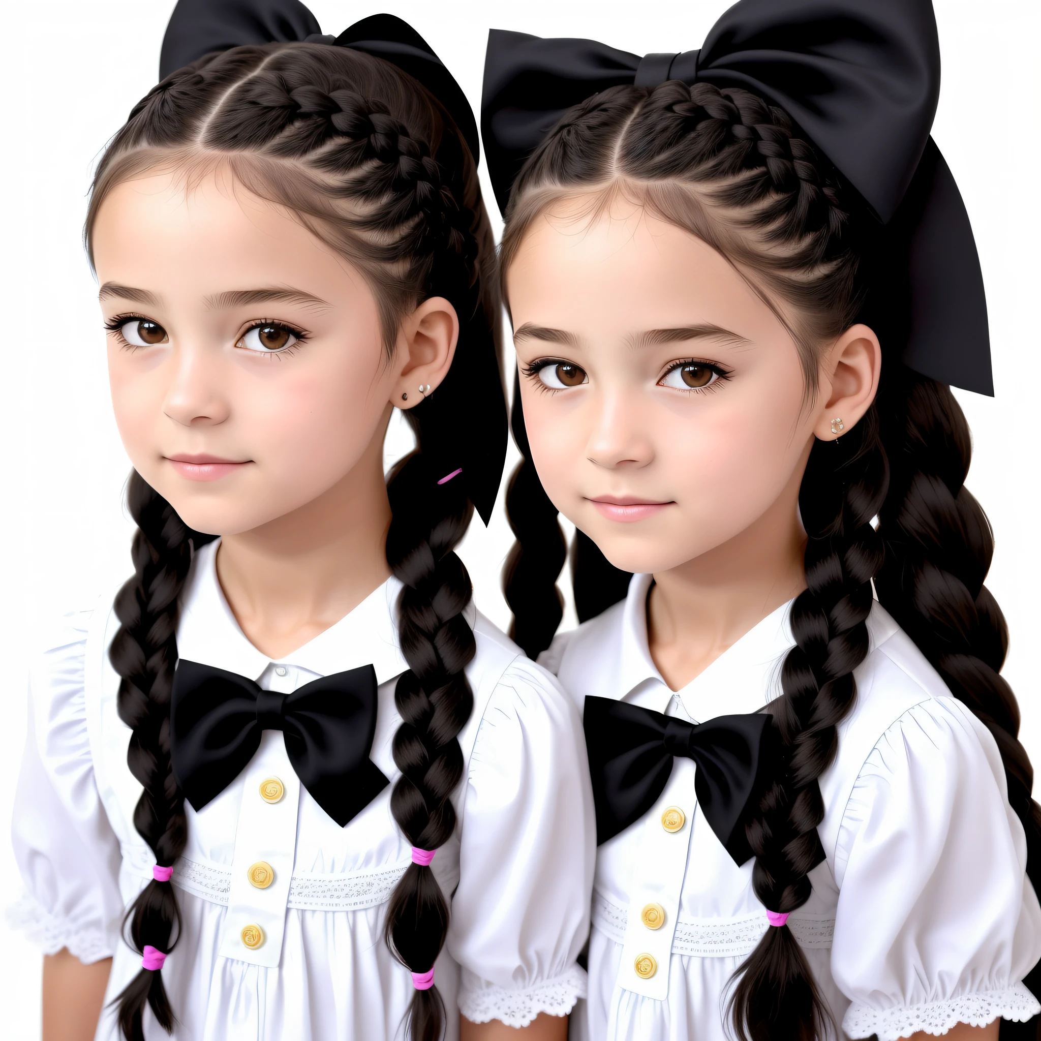 Russian, Girl , close-up, bust, portrait, long hair black braids and bows, light quality photo studio, infinite white background, super sharpness.