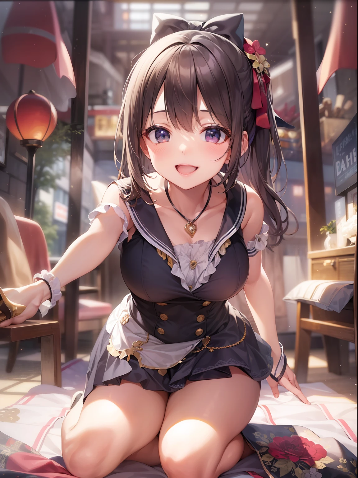 shimamura uzuki (Idol Master), (highest quality, 8K, masterpiece, Super detailed:1.2), (Lens flare, particles of light, shine), big breasts, smile, open your mouth, masterpiece, highest quality, Super detailed, High resolution, Very detailed CG, official art, idol costume, pink tie,white skirt, off shoulder, ((NSFW)), dynamic angle, perfect body,sexy, panty shot, lie,((M-shaped spread legs)), (Squat down with one knee up),(spread your legs),raise your legs,Panties that dig into the crotch,