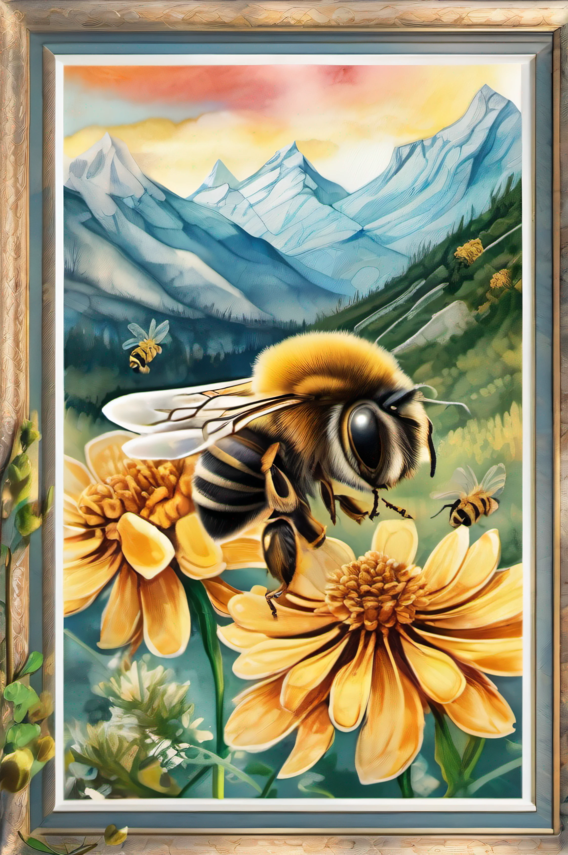 a painting of a bee and a honeycomb with mountains in the background, painting big bees flying around, honeycomb, honey and bee hive, honey, honeycomb halls, closeup painting of bee, archan nair, highly detailed water colour 8 k, highly detailed water colour 8k, painterly illustration, stylized digital illustration, artistic illustration, by Zahari Zograf