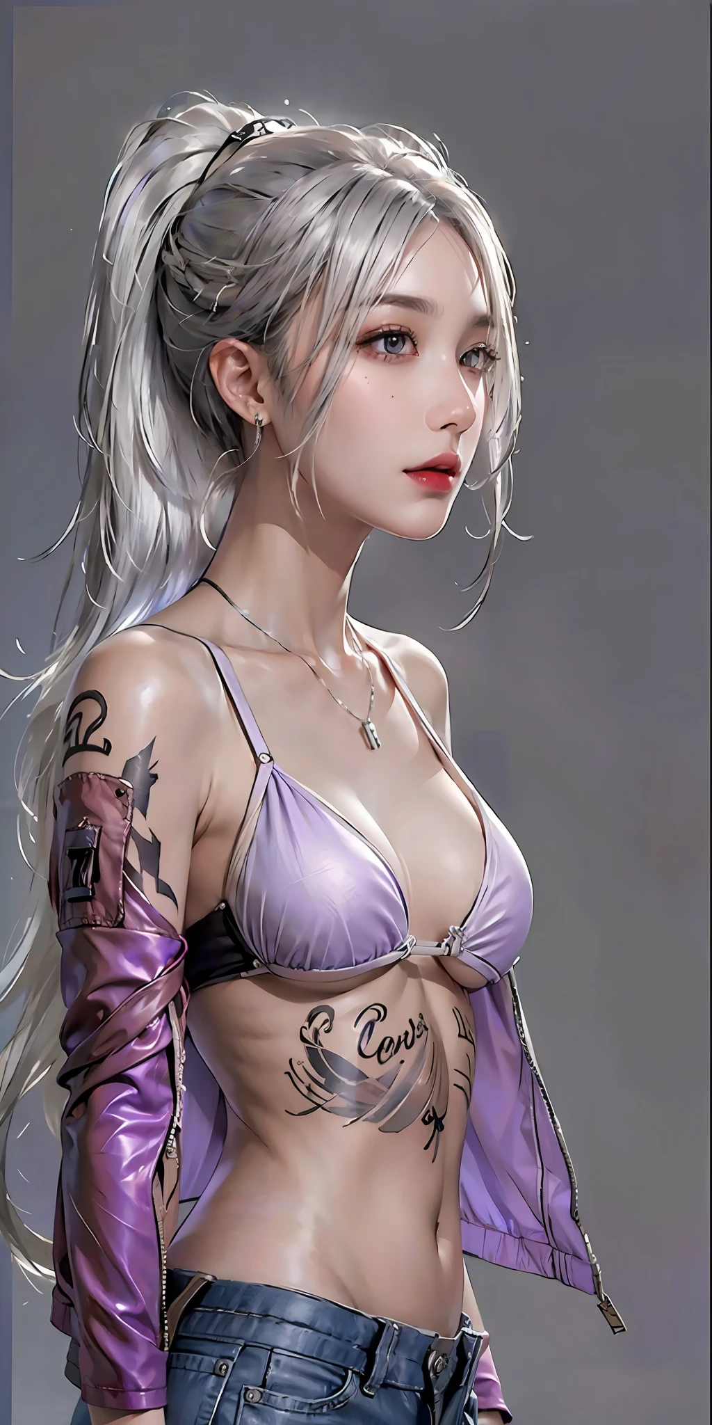 photorealistic, high resolution, soft light,1women, solo, hips up, (detailed face), silver hair, ponytail, grey hair, purple bikini, open jacket, tattoo, jewelry