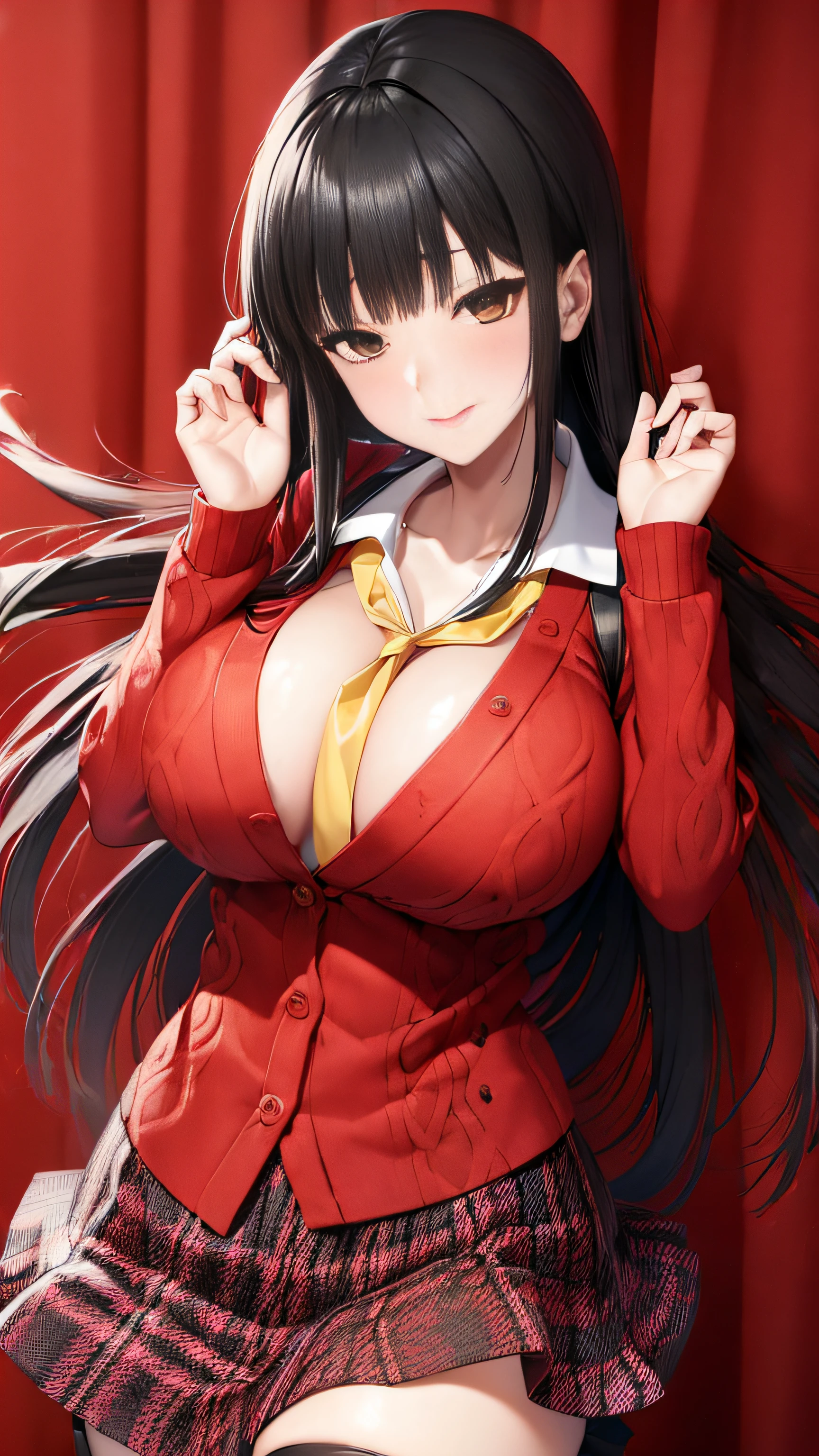 (realisitic:1.5),1人,独奏,Yumeko Jabami, Kakegurui, a smile,(Red cardigan、Plaid skirt、Yellow neckerchief、校服:1.2)、huge tit、Black tights