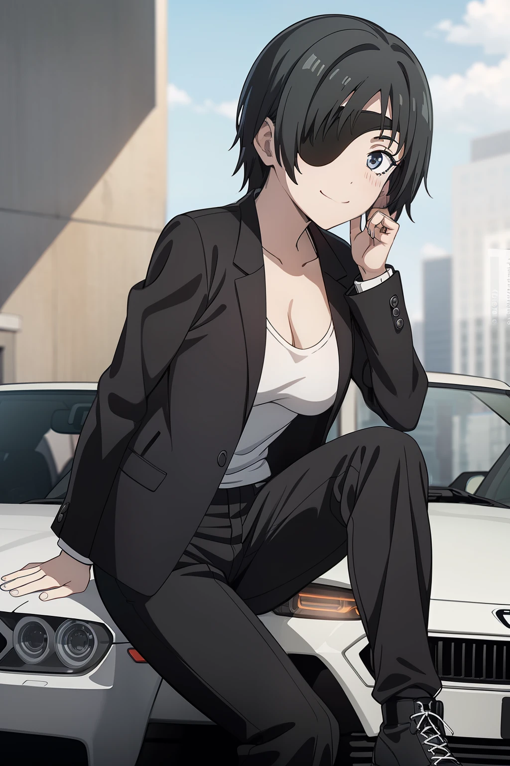 Himeno , wears a black jacket under it a short black tank top , Black jeans and sports boots , She Poses near on a BMW GTR M3 from need for speed mostwanted