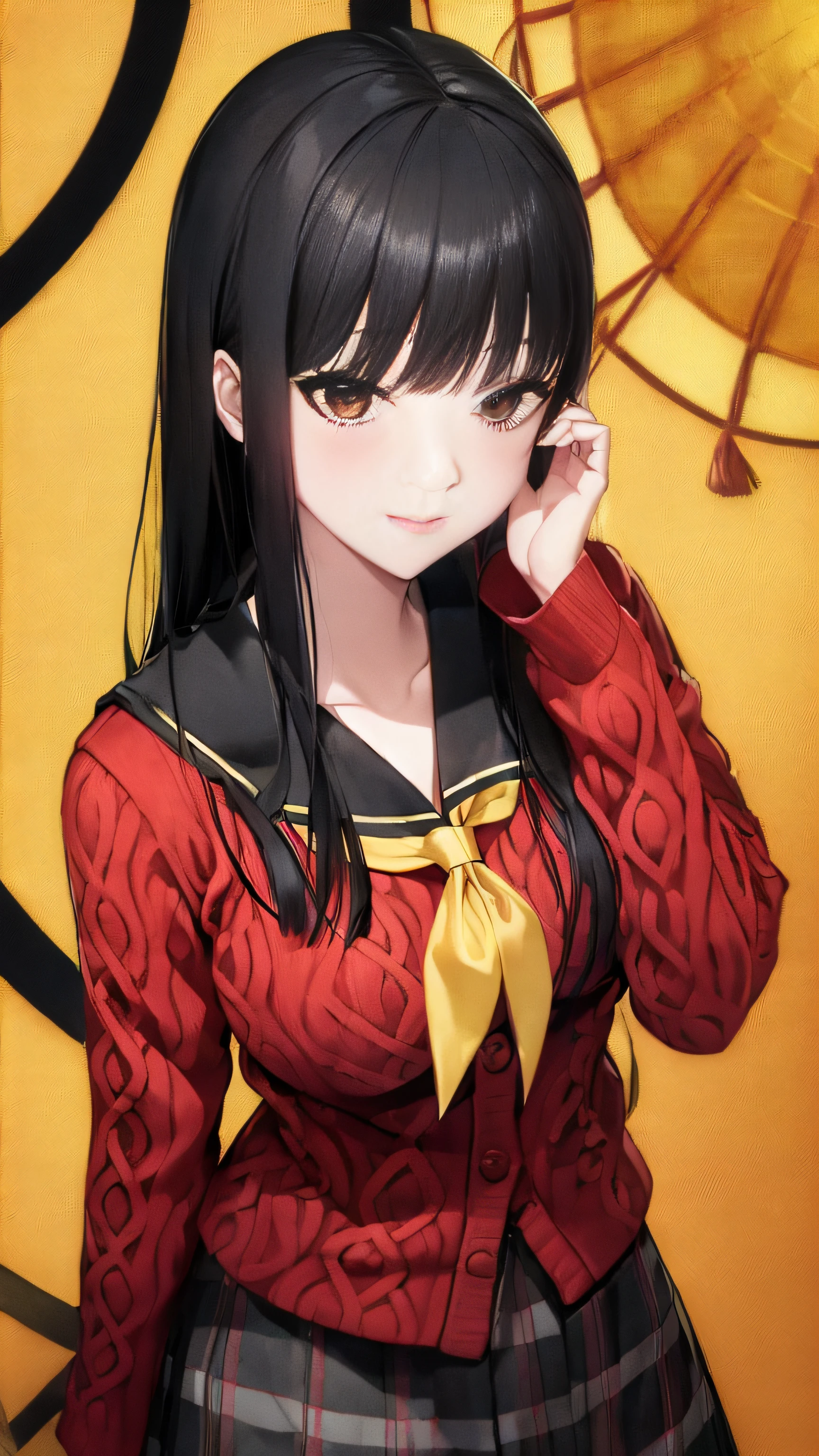 (realisitic:1.5),1人,独奏,Yumeko Jabami, Kakegurui, a smile,(Red cardigan、Plaid skirt、Yellow neckerchief、校服:1.2)、huge tit、Black tights