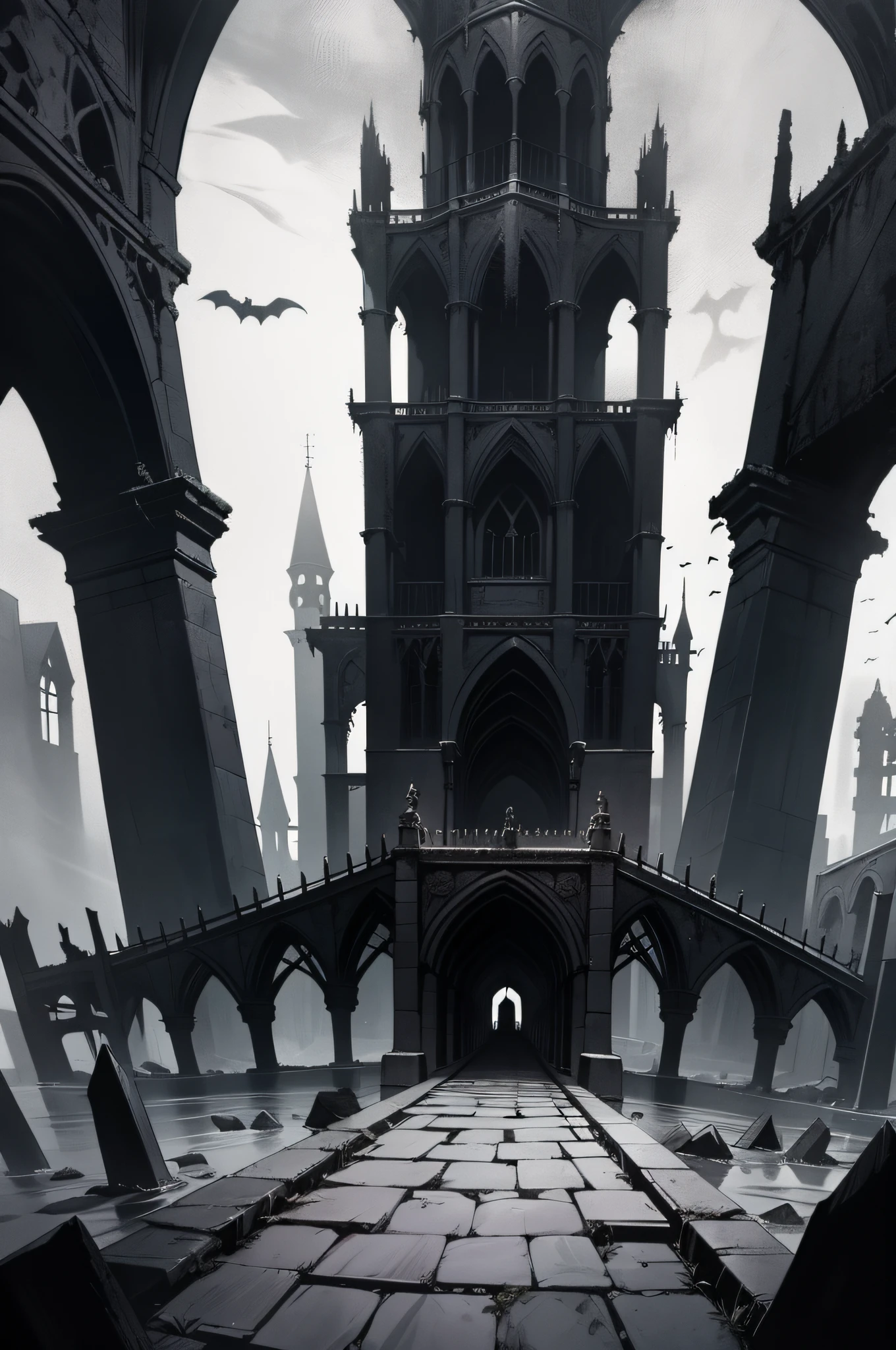 Gothic horror stone bridge，stylised，（buliding），The landscape，（Haunted，desolated，the night，darkly）