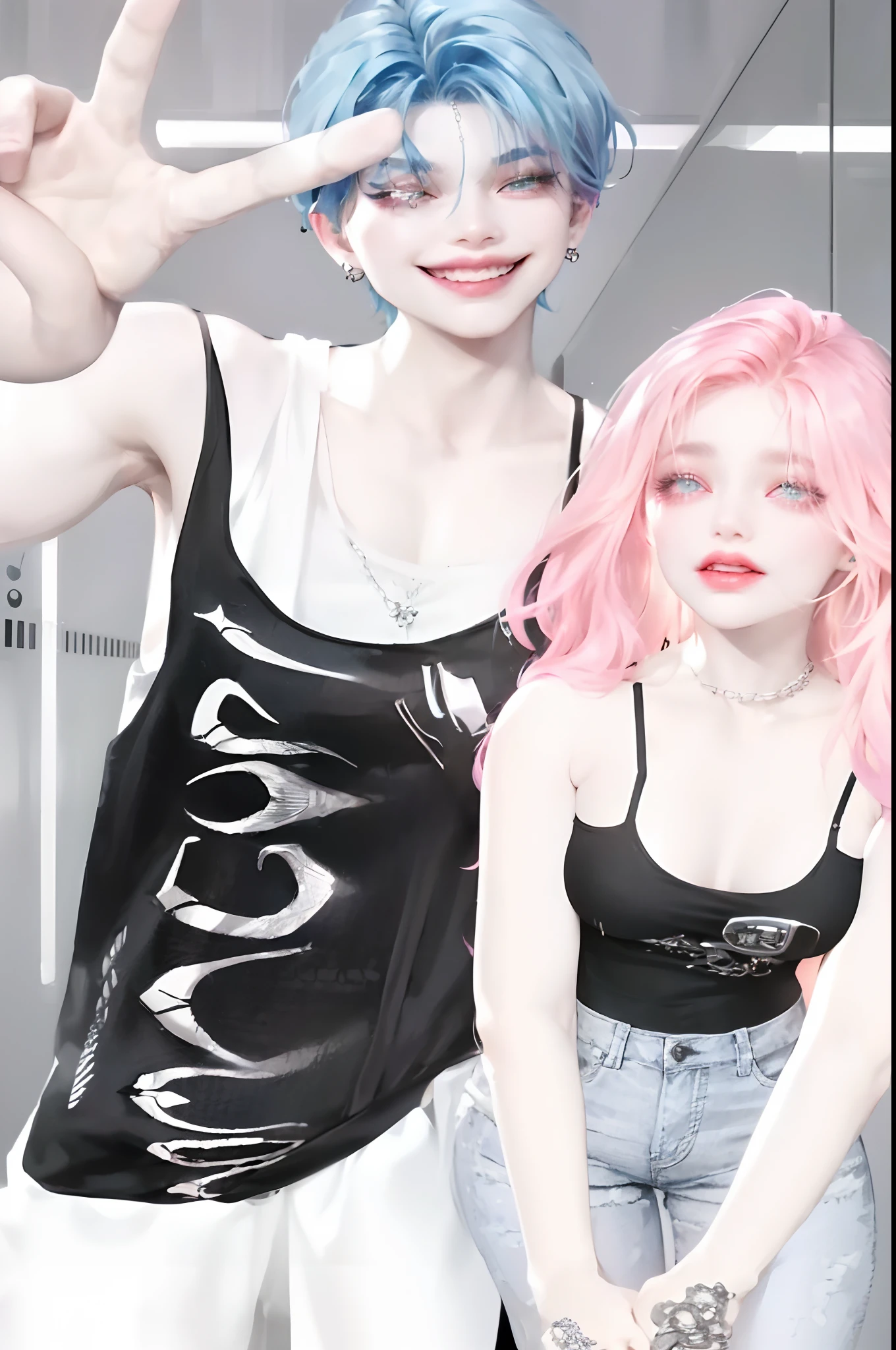 there are two people that are standing next to each other, Morgoth, detailed punk hair, pastel goth aesthetic, imvu, inspired by Sim Sa-jeong, pastel goth, Goth girl aesthetics, very aesthetic!!!!!!, second life avatar, she is wearing a black tank top, Realistic clothing, LBLSCK Hair, dressed in punk clothing, Tumbler