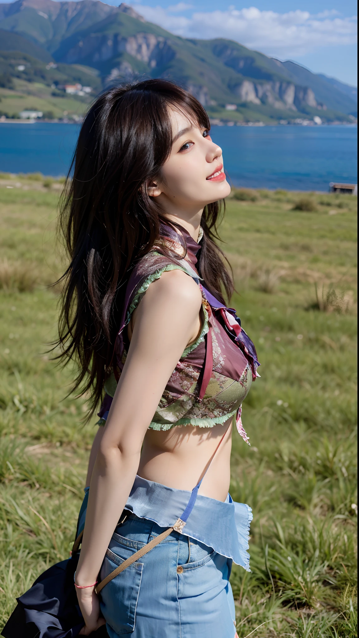 (Best quality, High resolution, Masterpiece :1.3), A tall and pretty woman, Slender abs, Dark brown hair styled in loose waves, Breasts, Wearing pendant, White button up shirt, Belt, Black skirt, (Modern architecture in background), Details exquisitely rendered in the face and skin texture, Detailed eyes, Double eyelid