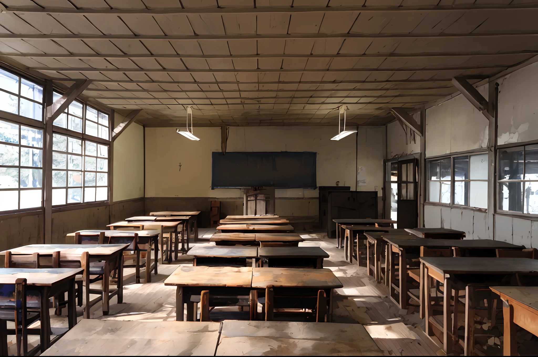 absurdres, highres,Abandoned, battered school building, battered desk, battered chair, indoors, no people, NO HUMAN