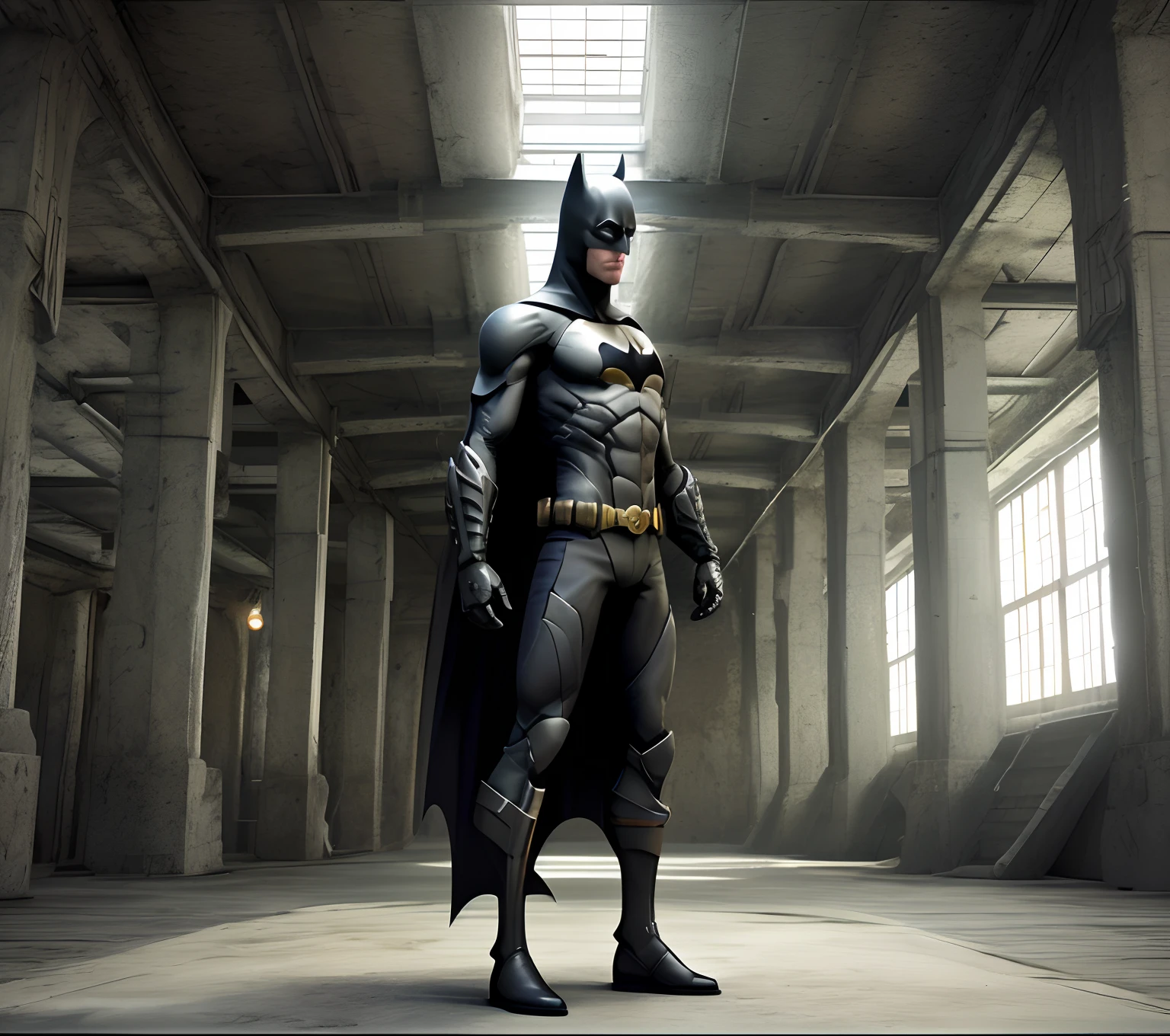 igrne, batman standing with arms crossed, on a base, depth of field, flawless, RAW, shoulder focus, (((flat background))), high detail, insane detail, depth of field, flawless, RAW,