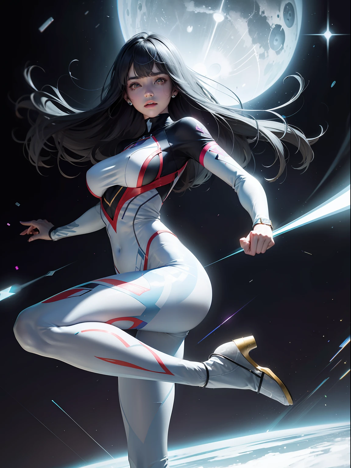 (full bodyesbian:1.5)，(1girll:1.3),(view the viewer:1.4)，(anatomy correct:1.45),(Wear printed fantasy Ultraman skinny point-toe heels ，and very thick printed pantyhose :1.35), (Light particle effect:1.3),(In pink | amarelo | blue colors| green color |red colour | white colors| black in color| purpleish color| greys| Beige| Flesh color 1.4)，(Glowing eyes:1.3),(Large amplitude action: 1.3)，(Accurate and perfect face:1.4),hyper HD, Ray traching, reflective light，structurally correct, Award-Awarded, high detal, lightand shade contrast, Face lighting，cinmatic lighting, tmasterpiece, super detailing, high high quality, high detal, best qualityer, 16k，High contrast,
