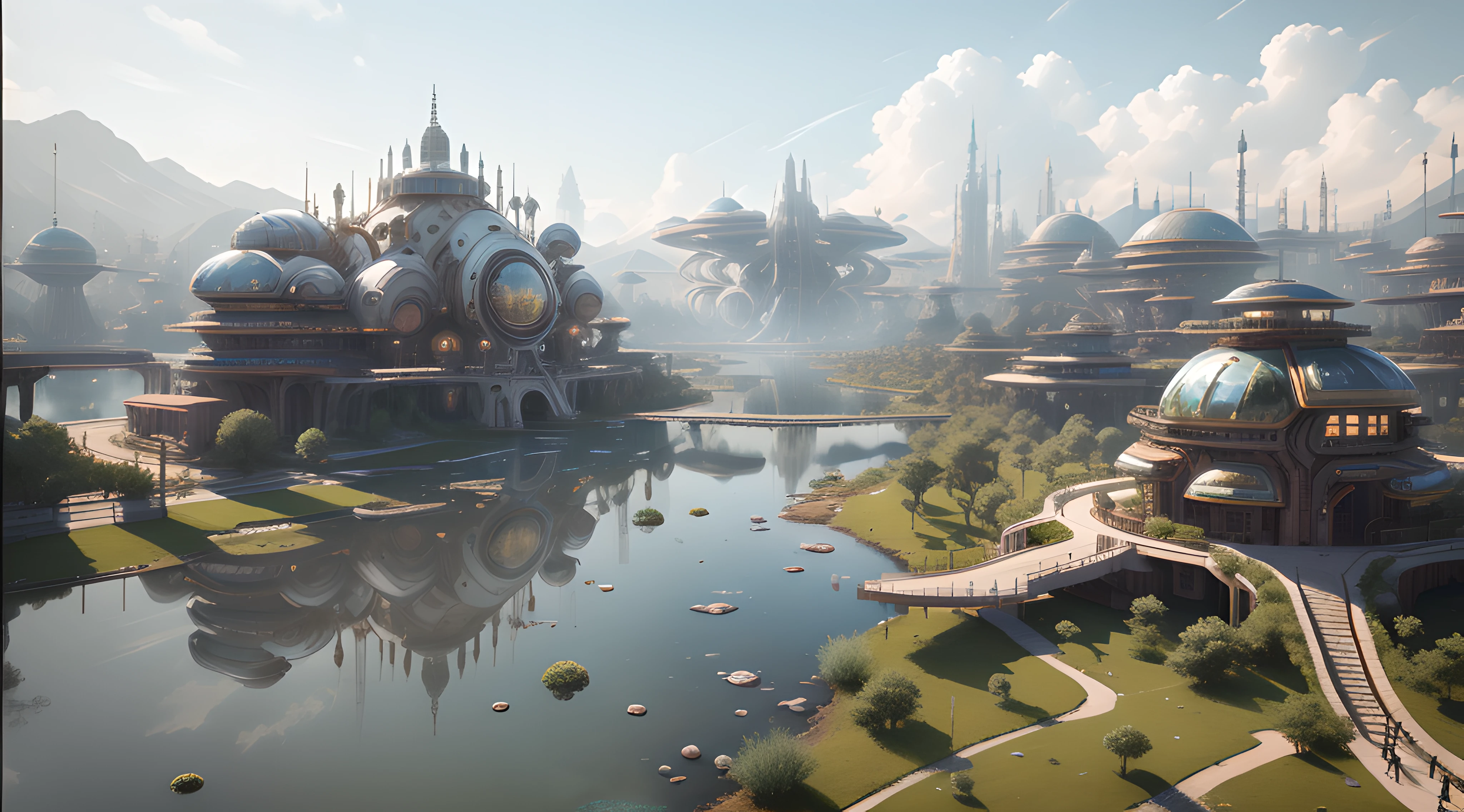 Metal science fiction architecture,metalictexture,sense of science and technology,Strong contrasting lighting,Tech-sense background,CG,rays of sunshine,Wetland Park,glass buildings,A plant,There are clouds in the sky,Many circular glass buildings