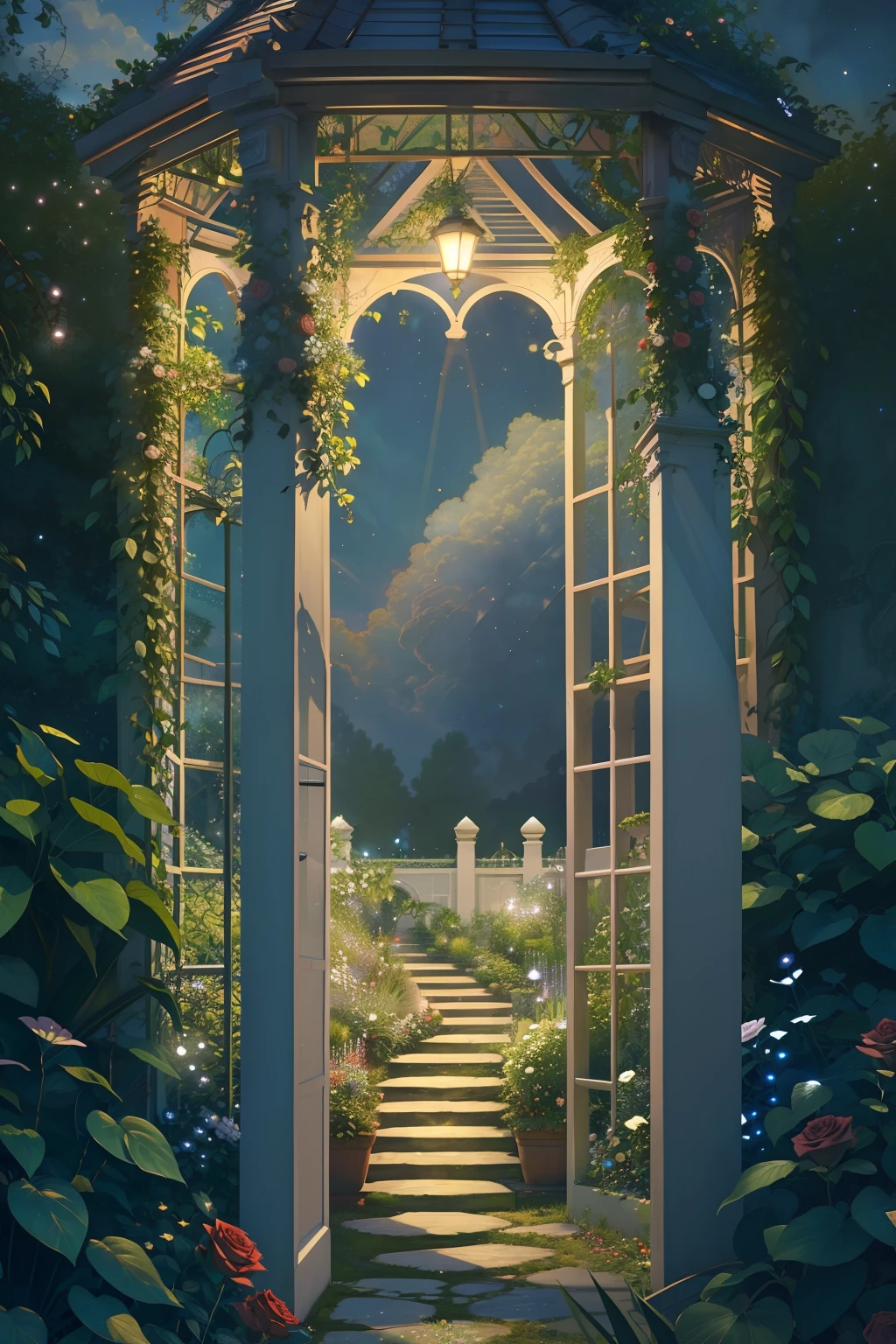 (Illustration:1.3), (secret garden), lush, floral, rose, (botanical), romanticism, moody, space, stars, nebula, beautiful clouds, moon, trellis, lattice, garden, gazebo, (realistic:1.5), (good shading), good architecture, volumetric lighting, cinematic, good architecture, (highest quality, award winning, masterpiece:1.5),