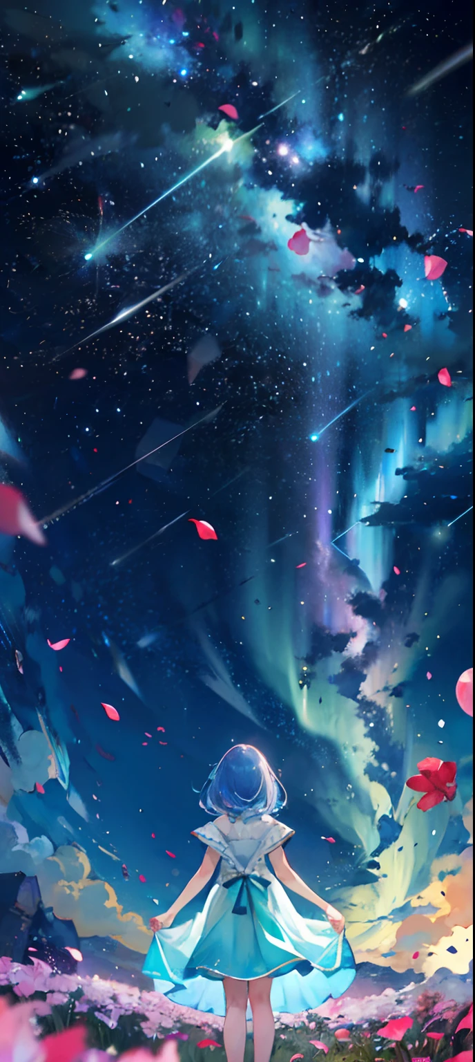 1girl in、Distant Girl、rainbow-colored hair、Wearing a turquoise dress、Stargazing at the stars、long_shot、wide_shot、Long Focus、(Meteor swarm:1.2)、(comets:1.1)、low angles、from the rear、Aurora、shooting stars、Surrounded by petals、Standing in the field、top-quality、masterpiece、clouds、colourfull、starrysky、stele、Ultra-detailed depiction、