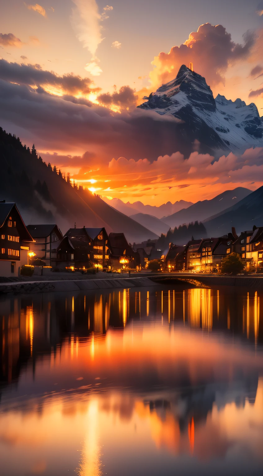 Beautiful sunset photography,Swiss town in the evening,Burning clouds,Orange sunset,Reflection of the sea surface,Clear sea,Stunning vision,Shocking real,HD ultra-wide angle,Panoramic Ultra HD,8k,realisticlying,A high resolution,Author of landscape photography:Marc AdamusHD
