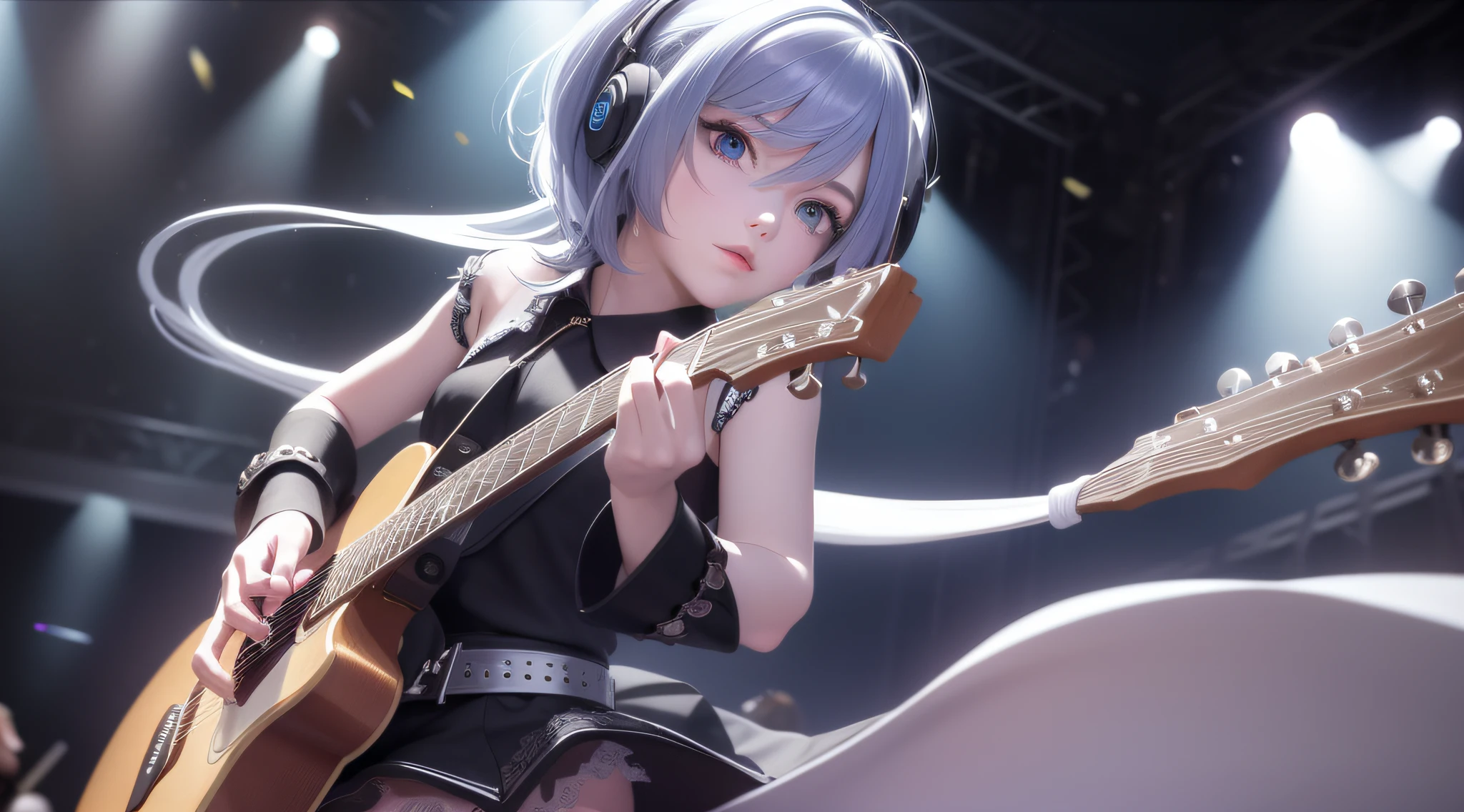 Solo beauty (1girl:1.3), Cute pop singer, glomy, short detailed hair, Symmetrical tear-blue eyes, wearing headphone,a black skirt, pleatedskirt, black shirt, Sing and play guitar, Earphone, Grip paddles, Single-sided up, cinematic ligh, concert lights, dynamic angle,The background has a sense of layering, beautiful detail glow, full bodyesbian, cowboy lens, (highdetailskin, Soothing shades:1.25), ultra - detailed