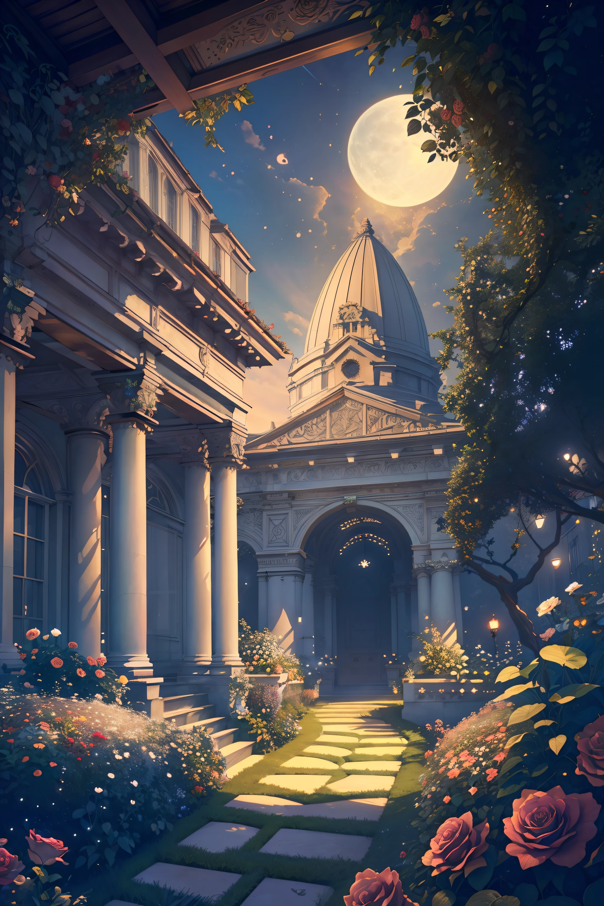 (Illustration:1.3), (secret garden), lush, floral, rose, (botanical), romanticism, moody, space, stars, nebula, beautiful clouds, moon, trellis, lattice, garden, gazebo, (realistic:1.5), (good shading), good architecture, volumetric lighting, cinematic, good architecture, (highest quality, award winning, masterpiece:1.5),