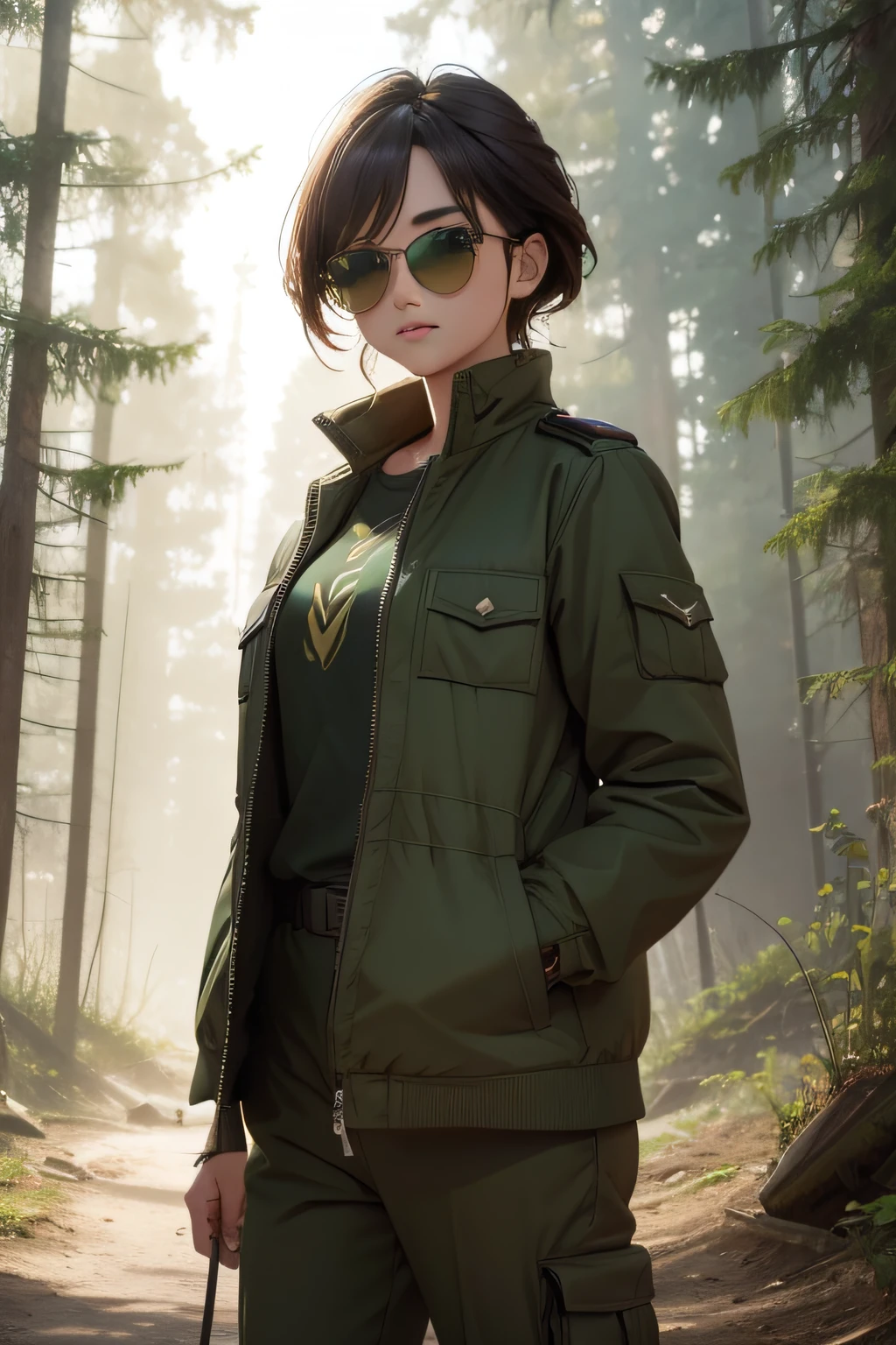 Young Woman, mine camp, bunkers, 8K UHD, radiance, dark green, brown, sun, leonardo, puma, , , sunglasses, photographic detailed, saturation, forest, collision trucks, collision jets, full color, portrait