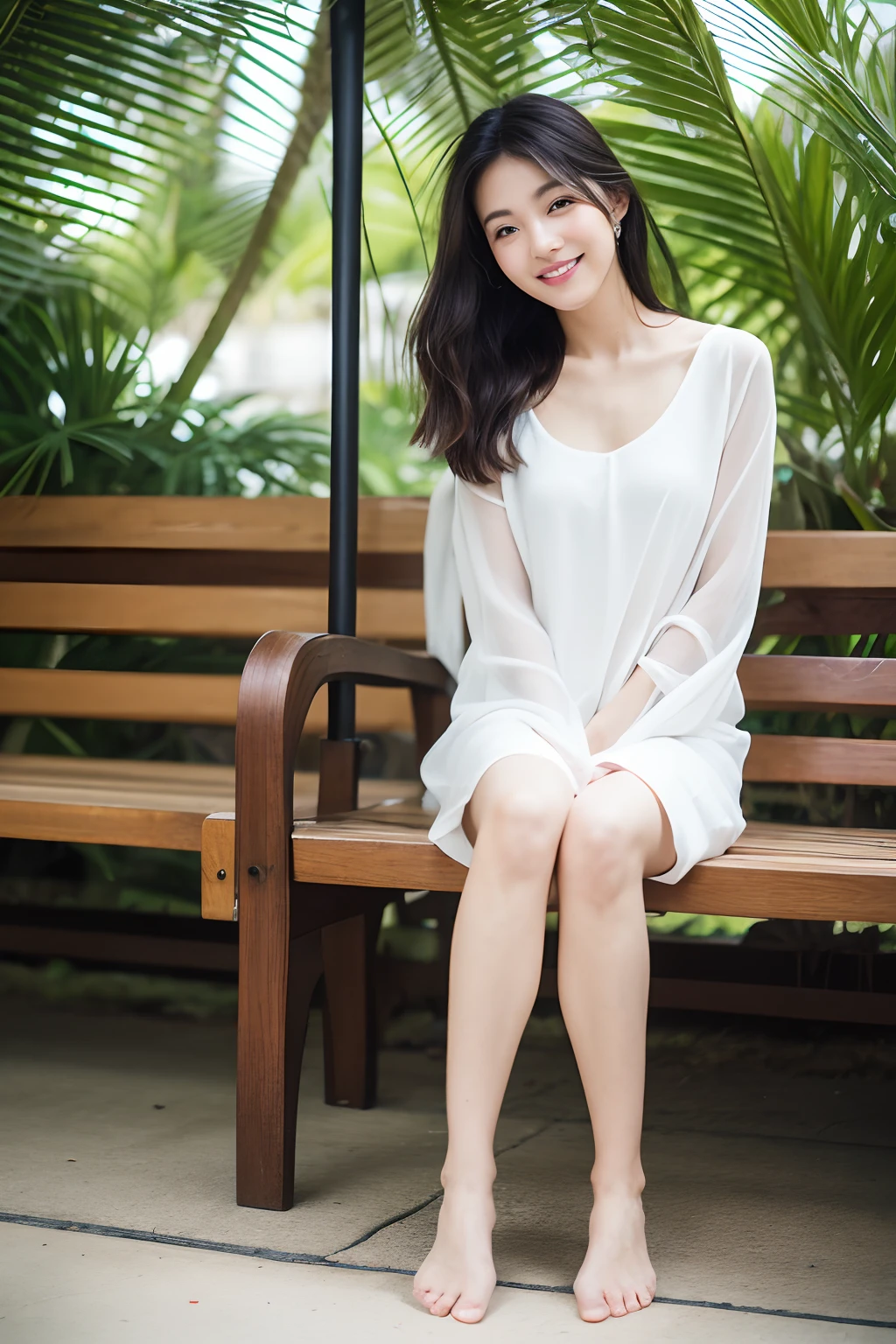 best qualtiy，8k，32k，tmasterpiece，UHD：1.2），1 woman，Around 22 years old，Ultra-realistic skin（Don't grind too hard，White and clean），There is a mole in the corner of the eye，Super skinny and cute face，Particularly detailed RAW color photos，very beautiful slim legs，shadow casting，light  smile，Large depth of field，Particle effect，Ray traching，徕卡 10772 M-P，85mm macro lens，f/8 aperture，Shot with film stills,Clothes in silk，very beautiful long slim legs，Light milky porcelain skin，beachside，Milky skin，medium boob，thin very long legs，Beautiful slim legs，White silk clothes，There are coconut trees，sandbeach，deck chair，beach umbrella