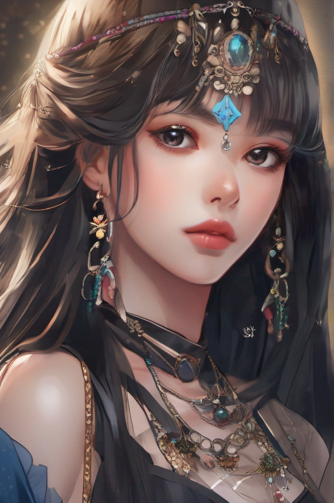 Girl with long black hair and jewelry, an anime drawing by Yang J, pixiv contest winner, Fantasy art, Detailed digital anime art, style of anime4 K, detailed portrait of an anime girl, Beautiful anime artwork, Anime art wallpaper 4k, Anime art wallpaper 4 K, a beautiful anime portrait, Digital anime illustration, Anime style illustration