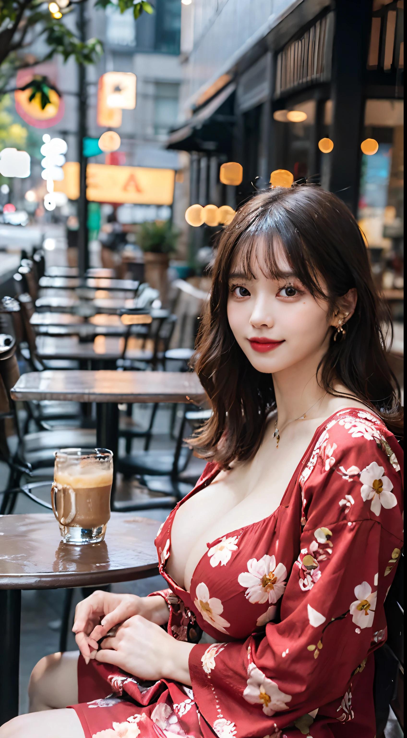 ((Best Quality, 8K, Masterpiece:1.3)), 40k, photography, Perfect Body Beauty:1.4, Cinematic lighting, Black long hair, straight Bangs, (red batik:1.1) , (in front of cafe:1.2), Highly detailed face and skin texture, Detailed Eyes, Double eyelids, skin brightening, perfect faces, (Huge breasts:1.5), (nighttime), Smile, Earrings, necklaces, mature women, coffee on table, (a women sitting in front of cafe), s whole body, Pretty legs, high-heel