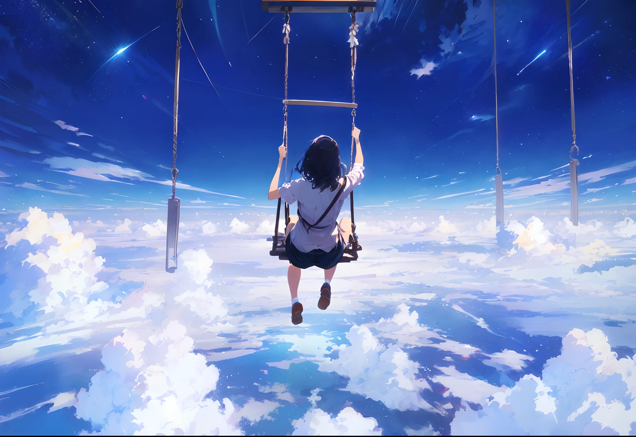 There is one woman sitting on an empty swing, stright long hair、makoto shinkai cyril rolando, By Shinkai Makoto. a digital rendering, stairway to heaven, By Shinkai Makoto!, By Shinkai Makoto!!, Leading to the Sky, today's featured anime still,, ( ( By Shinkai Makoto ) ), swing、from the rear、Magnificent scale、fish-eye lens、1womanl、
