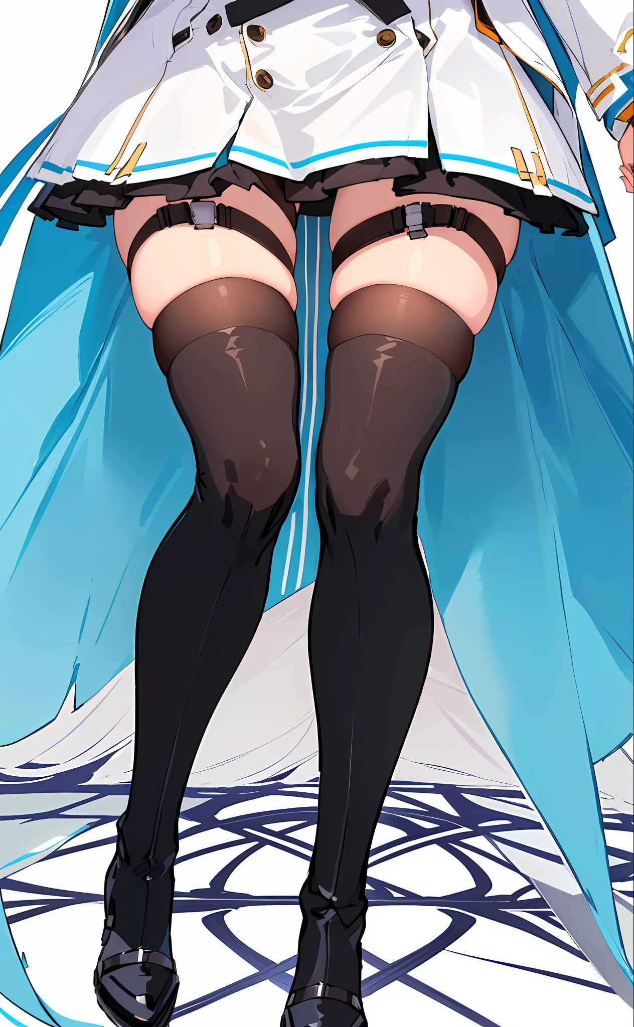 anime girl in black and white outfit with black stockings and thigh high boots, thighs close up, thighs!!!, detailed shot legs-up, thighs!!!!!!, thighs focus, bare thighs!!!, bare thighs, large thighs, detailed legs looming over you, thighs, fine details. girls frontline, close-up on legs, azur lane style