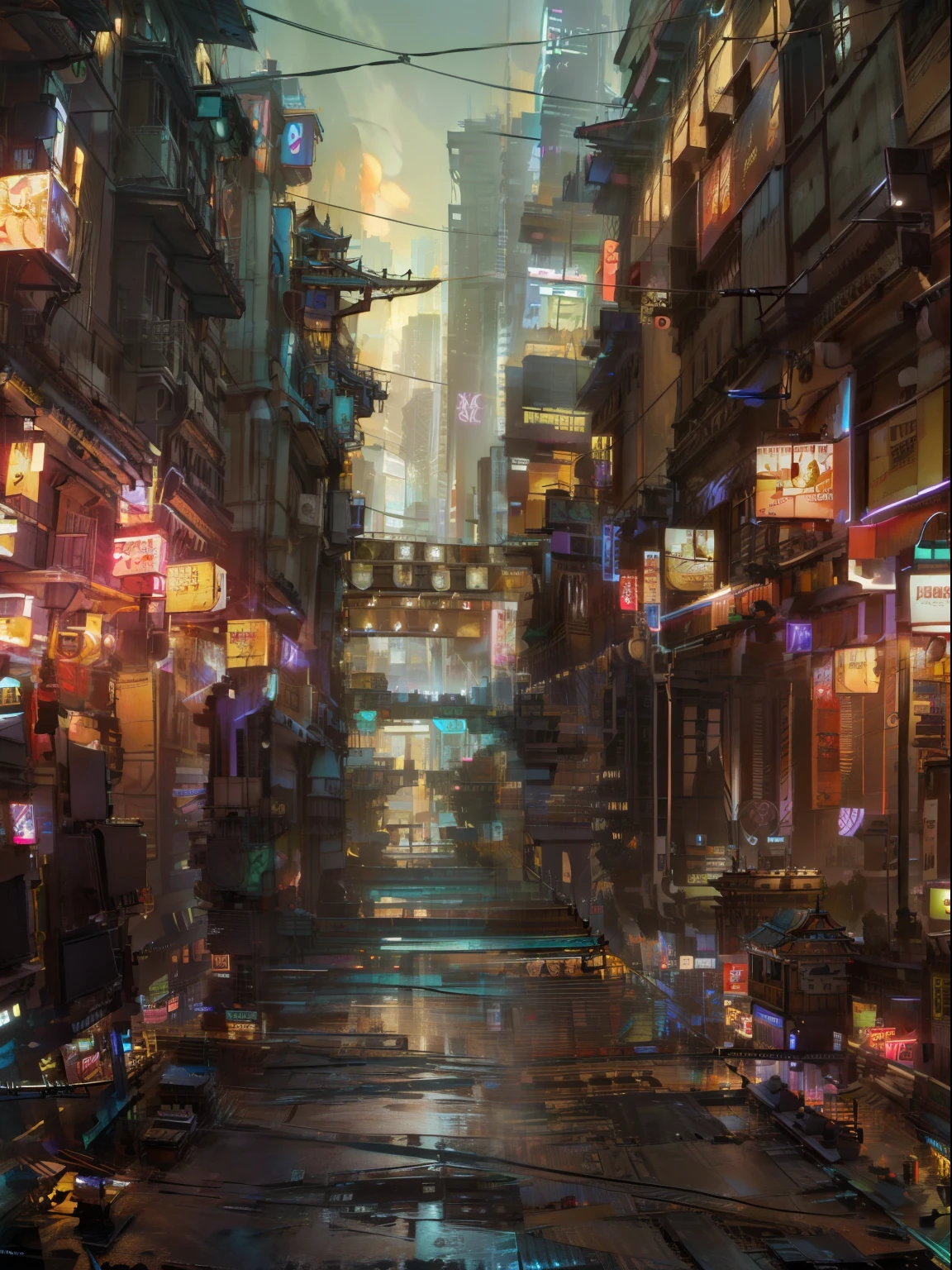 cyberpunk city from sci-fi movie,empty street,the night,rustic,Chinese-style architecture,Bridges,tile-roofed house,path,Irregular,circuit boards,electrical wires,iintricate,ultra - detailed,realisticlying,Ultra photo realsisim,high qulity,optimum, super detailing, insanely details, The is very detailed, Foto realism, Epic composition,best qualtiy,32k --v 6