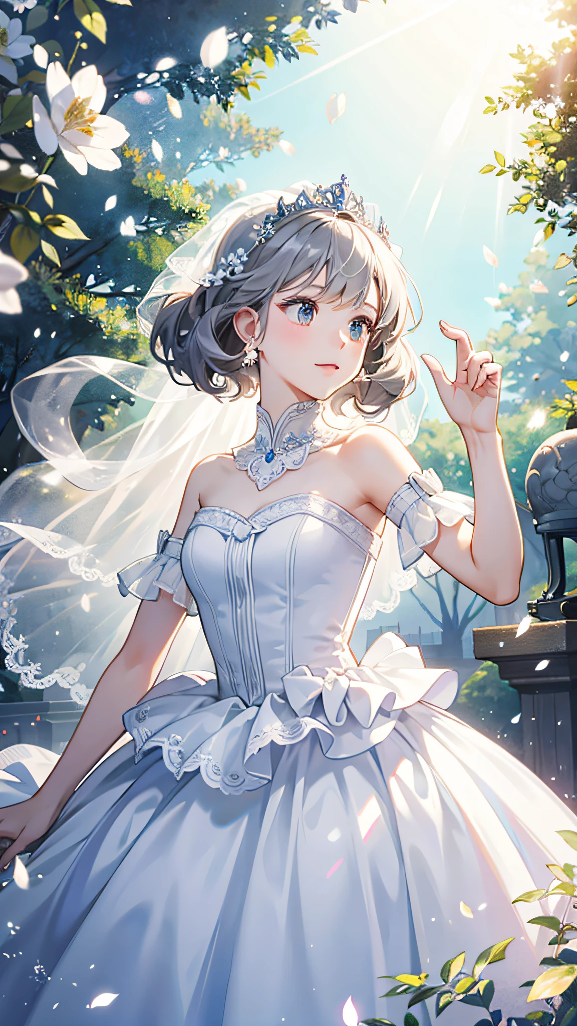 ((best quality)), ((masterpiece)) WEDDING PRINCESS DRESS, light ray, lens flare, white petals, long coated cat, exotic
