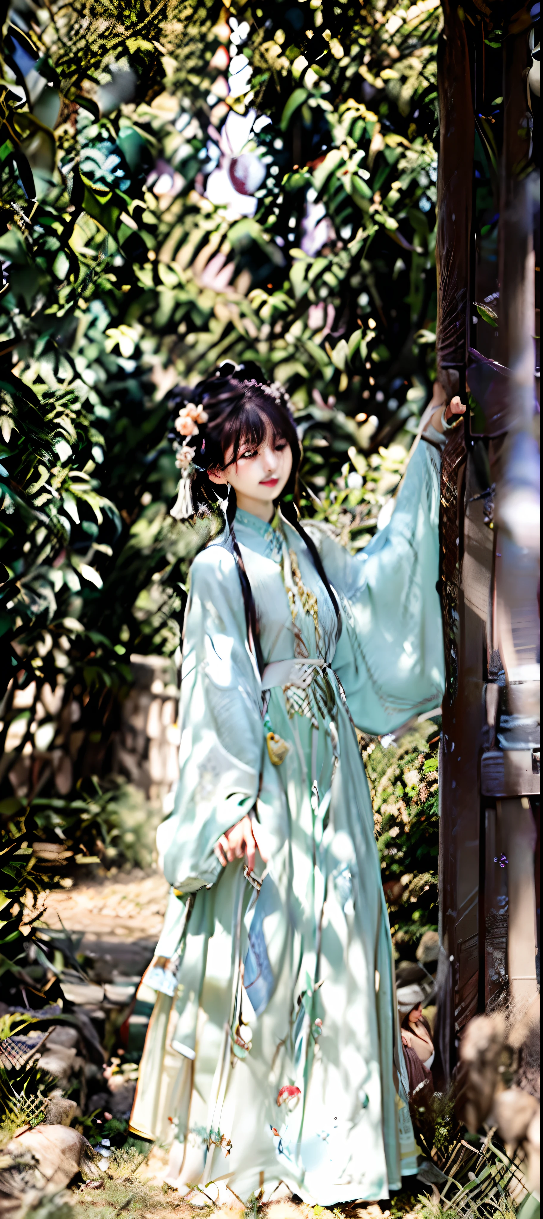 There was a woman standing in the field with her arms outstretched, xintong chen, Li Zixin, Zhang Pengzhen, author li zhang, mingchen shen, jinyiwei, in a field, ancient garden behind her, standing in flower field, standing in an apple orchard, xiaofan zhang, wenfei ye, Qiu Fang, Inspired by Tang Yifen