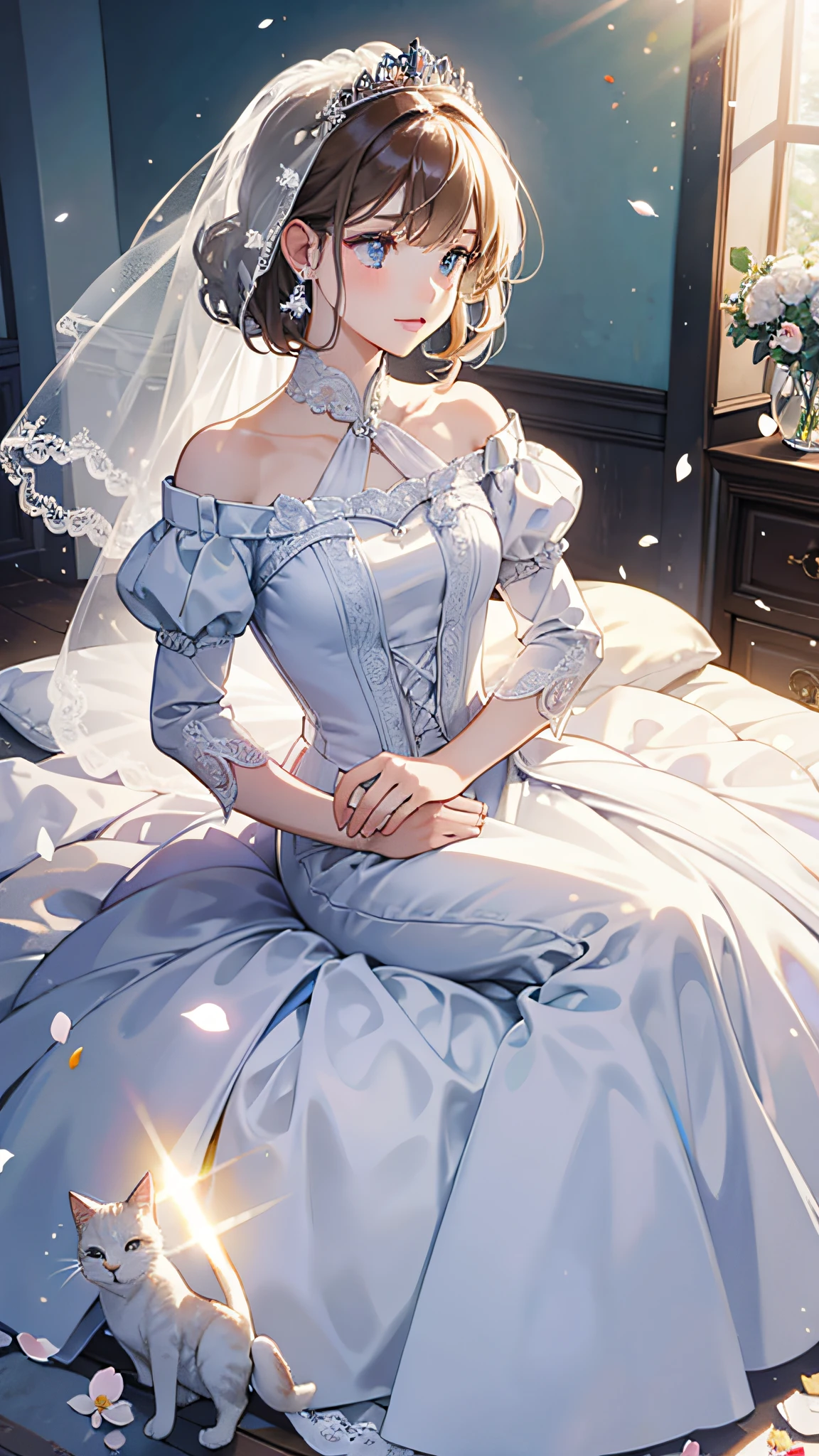 ((best quality)), ((masterpiece)) WEDDING PRINCESS DRESS, light ray, lens flare, white petals, long coated cat, exotic